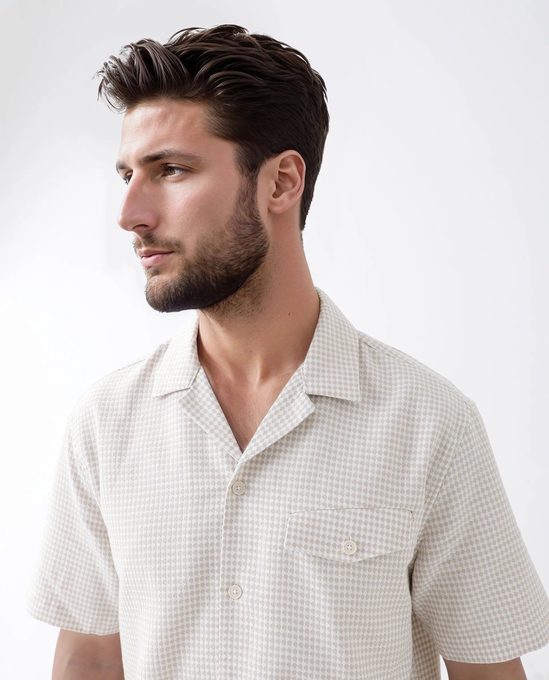 Rare Rabbit Men's Dobo Beige Cotton Polka Print Relaxed Fit Half Sleeve Cuban Collar Shirt