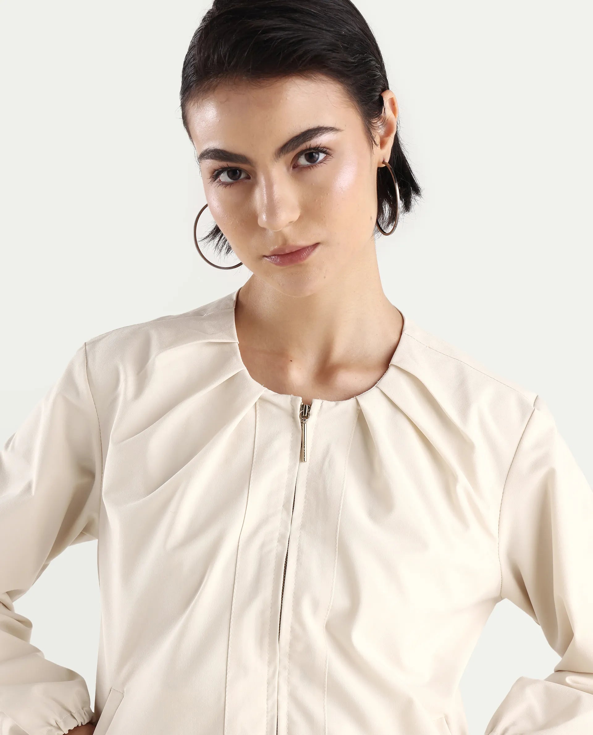 Rareism Women's Dockly Beige Crew Neck Plain Regular Fit Jacket