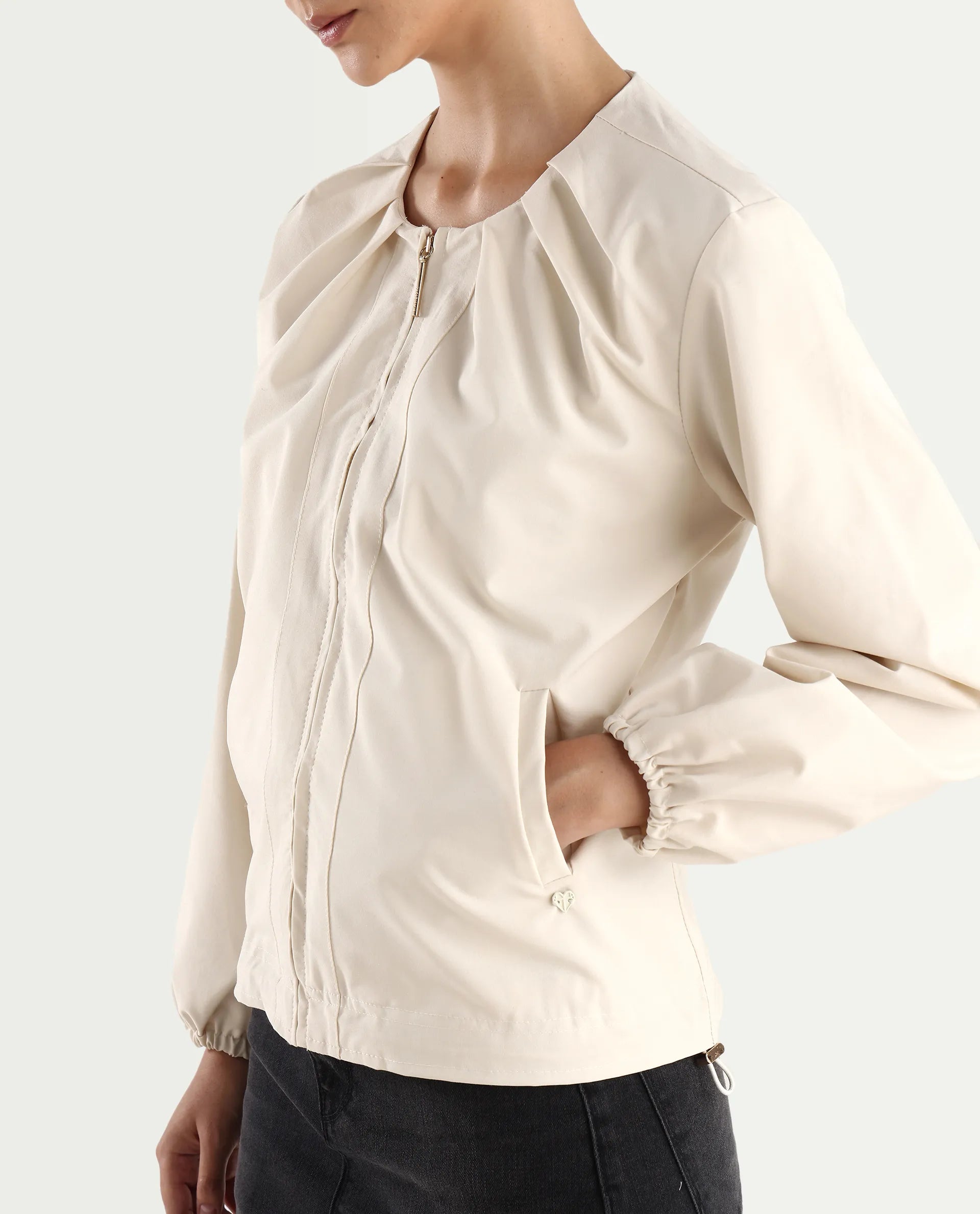 Rareism Women's Dockly Beige Crew Neck Plain Regular Fit Jacket