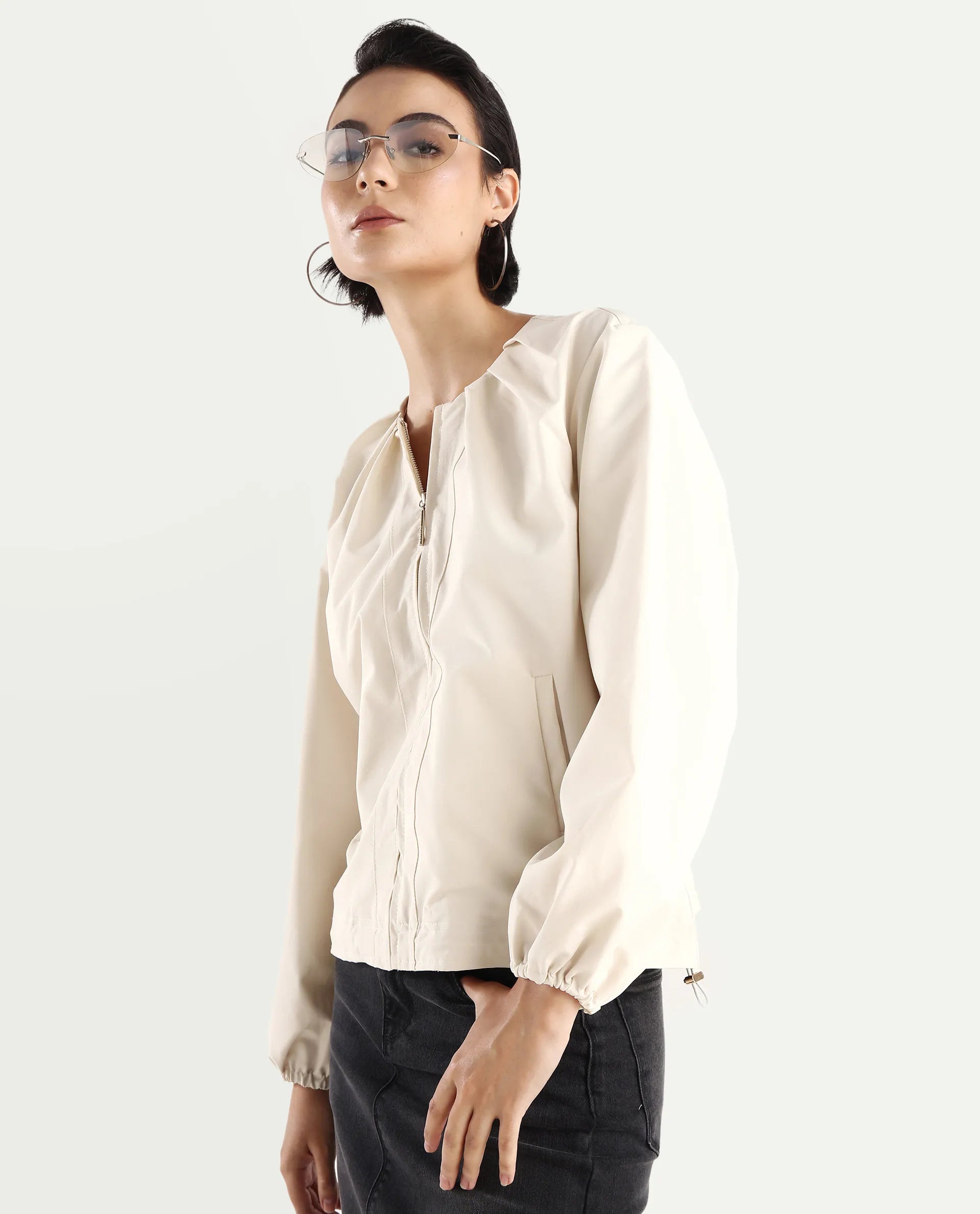 Rareism Women's Dockly Beige Crew Neck Plain Regular Fit Jacket