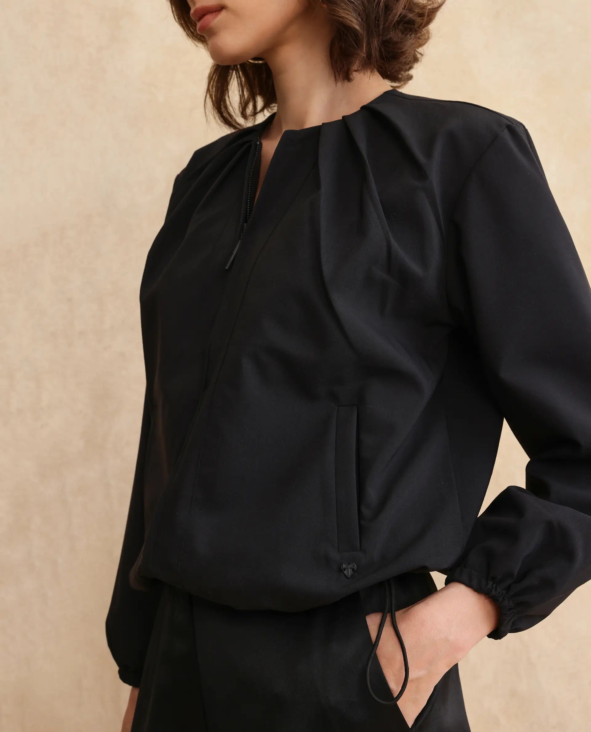 Rareism Women Dockly Black Full Sleeve Crew Neck Zipper Closure Plain Jacket