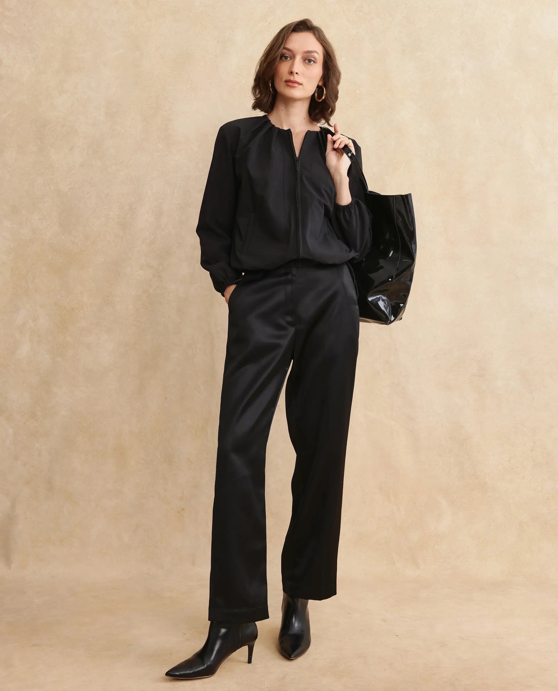 Rareism Women Dockly Black Full Sleeve Crew Neck Zipper Closure Plain Jacket