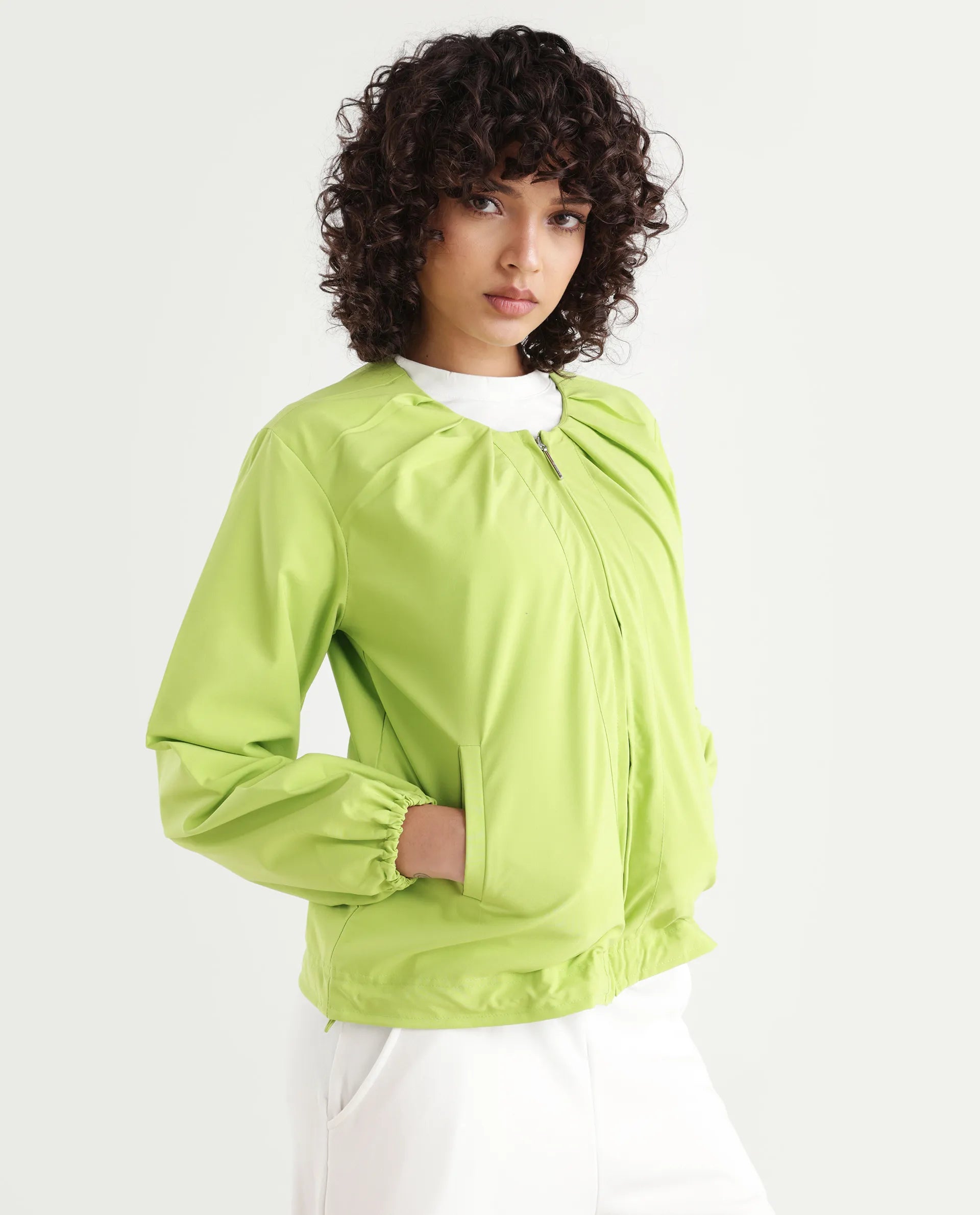 Rareism Women's Dockly Green Round Neck Plain Regular Fit Jacket