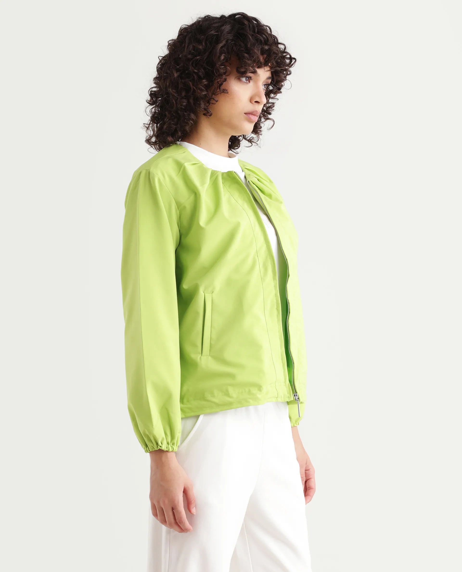 Rareism Women's Dockly Green Round Neck Plain Regular Fit Jacket