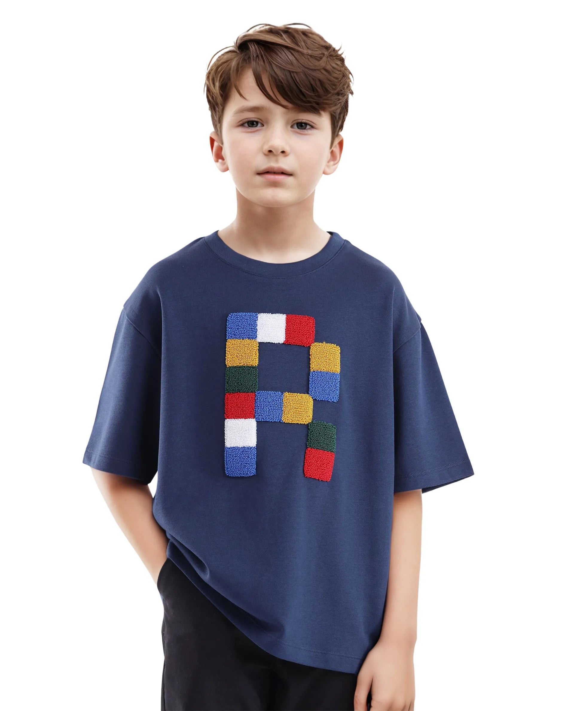 Rare Ones Kids Doe Navy Cotton Poly Short Sleeve Crew Neck Towel Embroidery Boxy T-Shirt