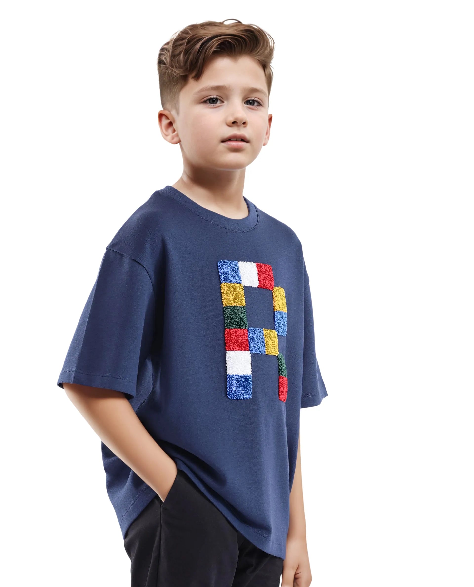 Rare Ones Kids Doe Navy Cotton Poly Short Sleeve Crew Neck Towel Embroidery Boxy T-Shirt