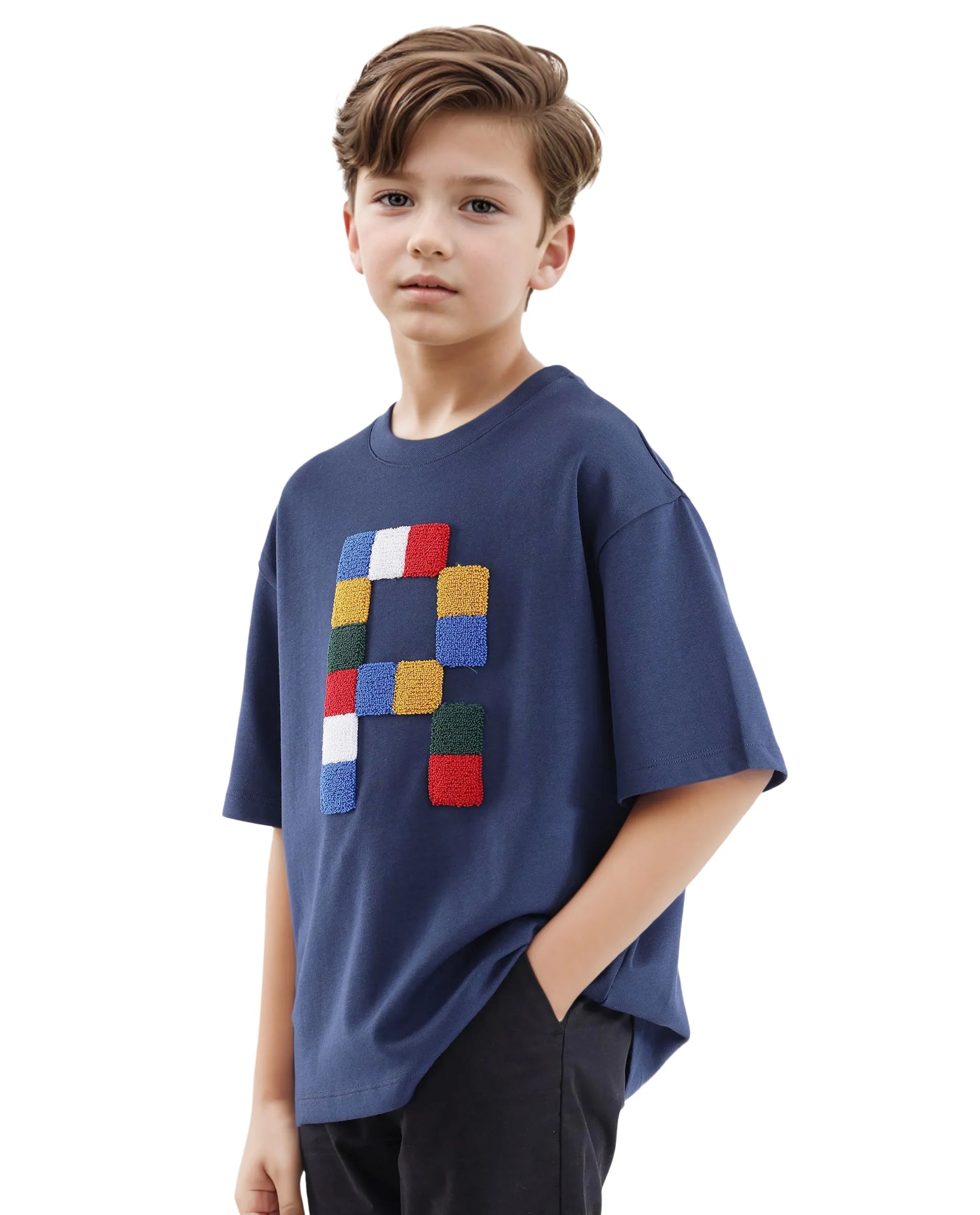 Rare Ones Kids Doe Navy Cotton Poly Short Sleeve Crew Neck Towel Embroidery Boxy T-Shirt