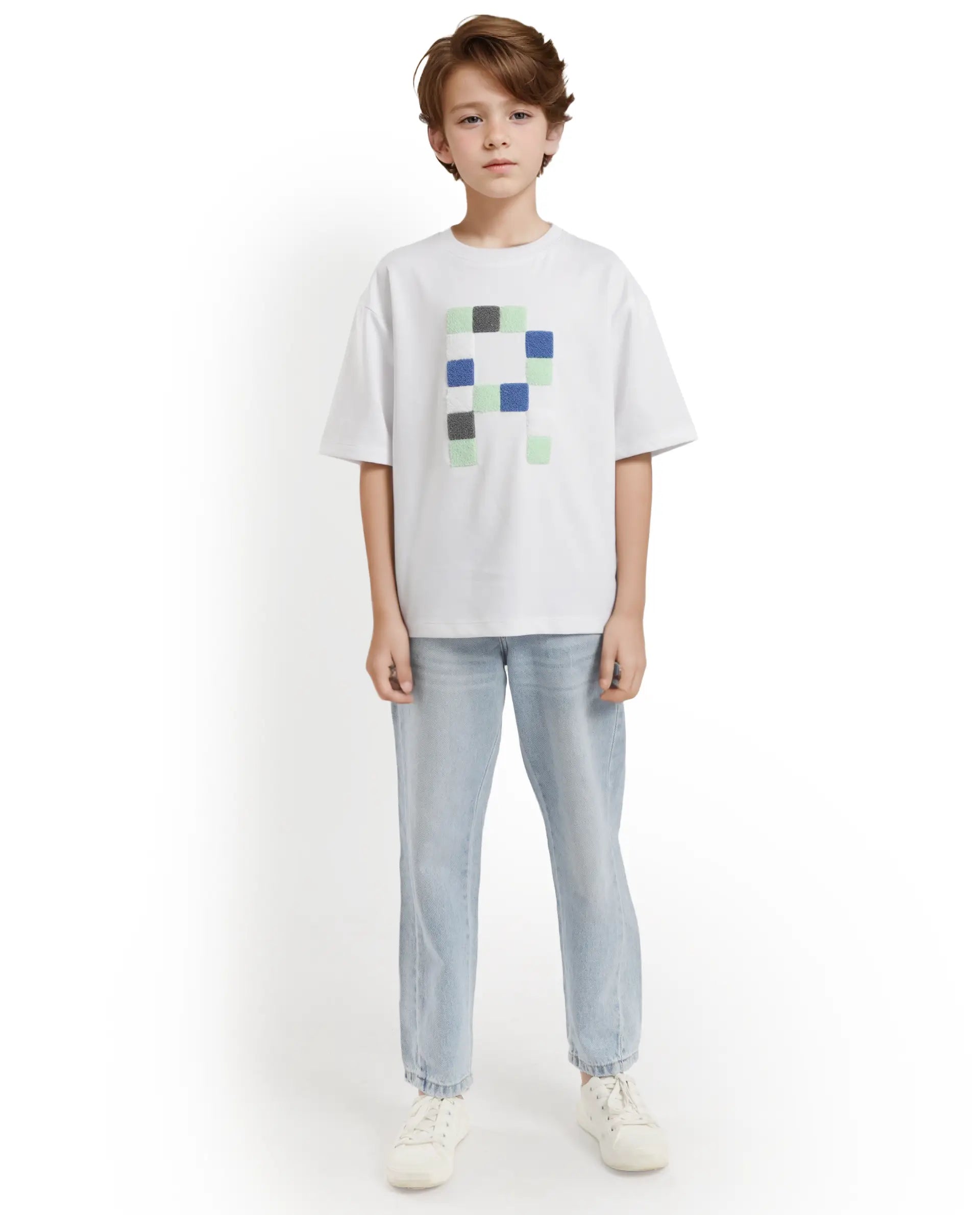 Rare Ones Kids Doe White Cotton Full Sleeves Crew Neck Towel Embroidery Print Oversized Fit T-Shirt