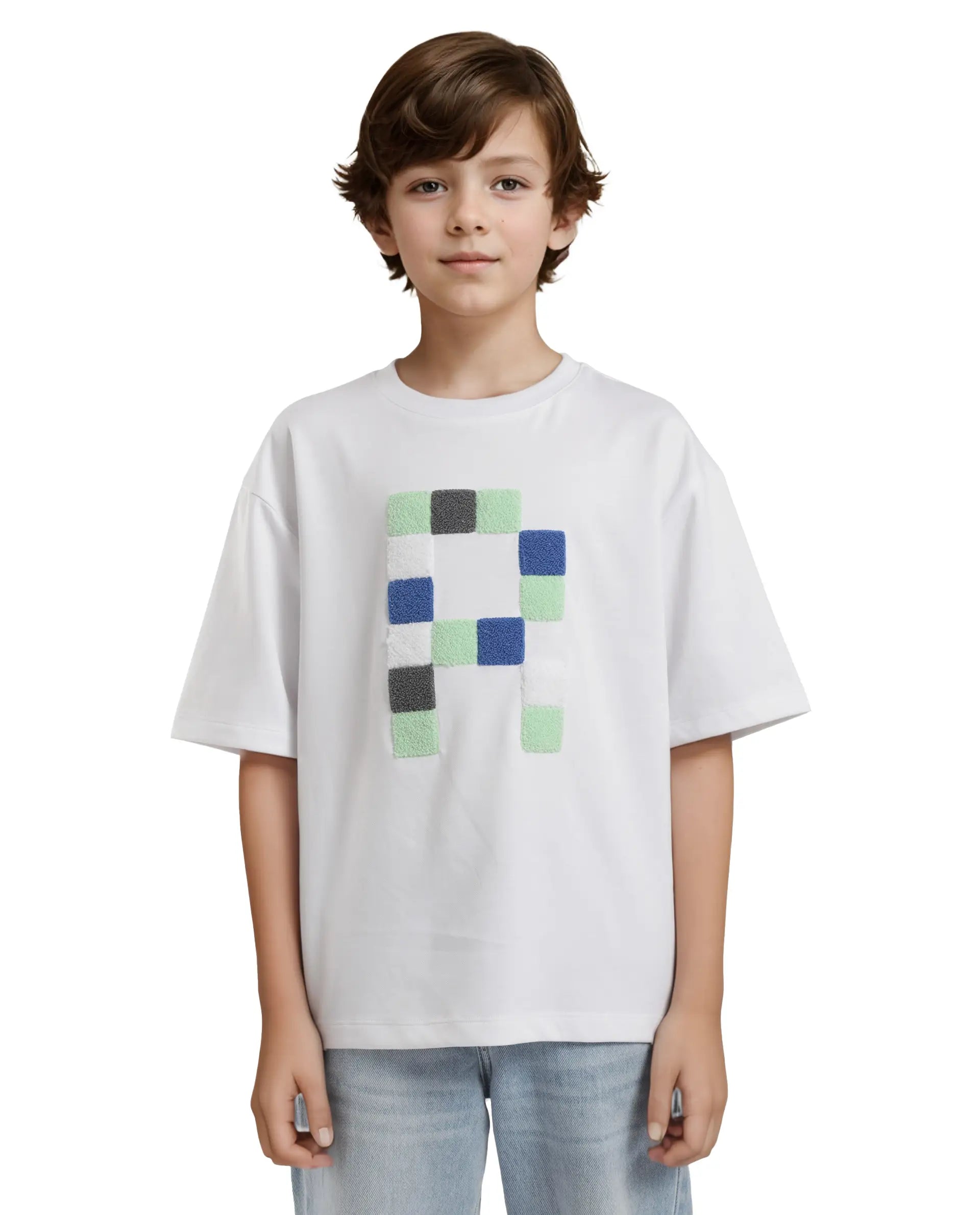 Rare Ones Kids Doe White Cotton Full Sleeves Crew Neck Towel Embroidery Print Oversized Fit T-Shirt