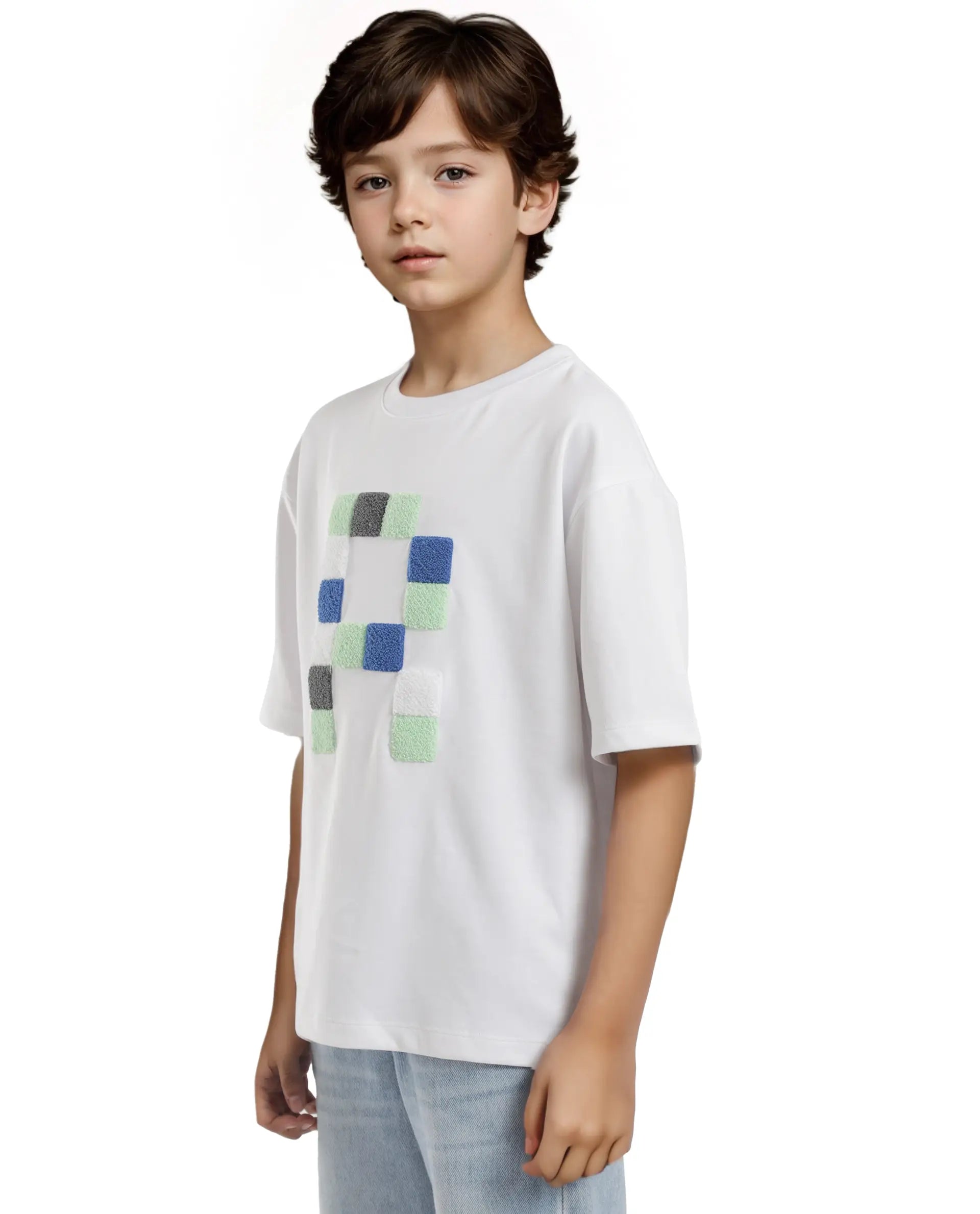 Rare Ones Kids Doe White Cotton Full Sleeves Crew Neck Towel Embroidery Print Oversized Fit T-Shirt