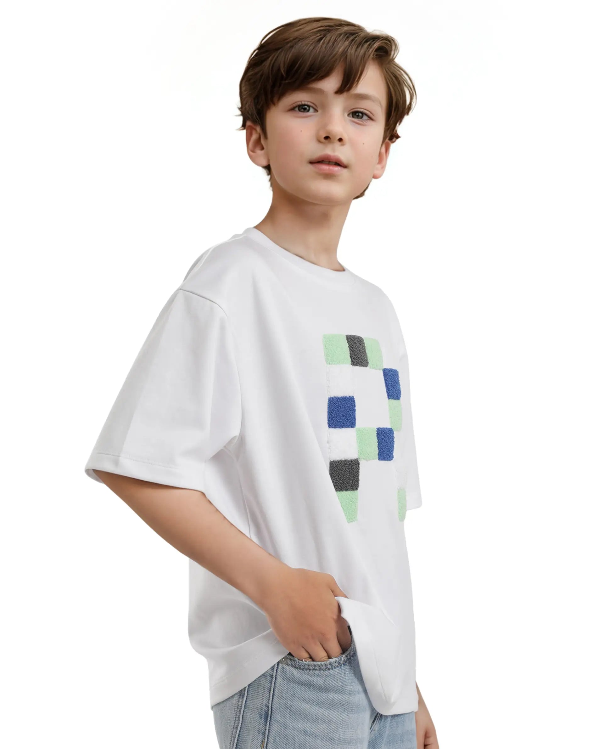Rare Ones Kids Doe White Cotton Full Sleeves Crew Neck Towel Embroidery Print Oversized Fit T-Shirt
