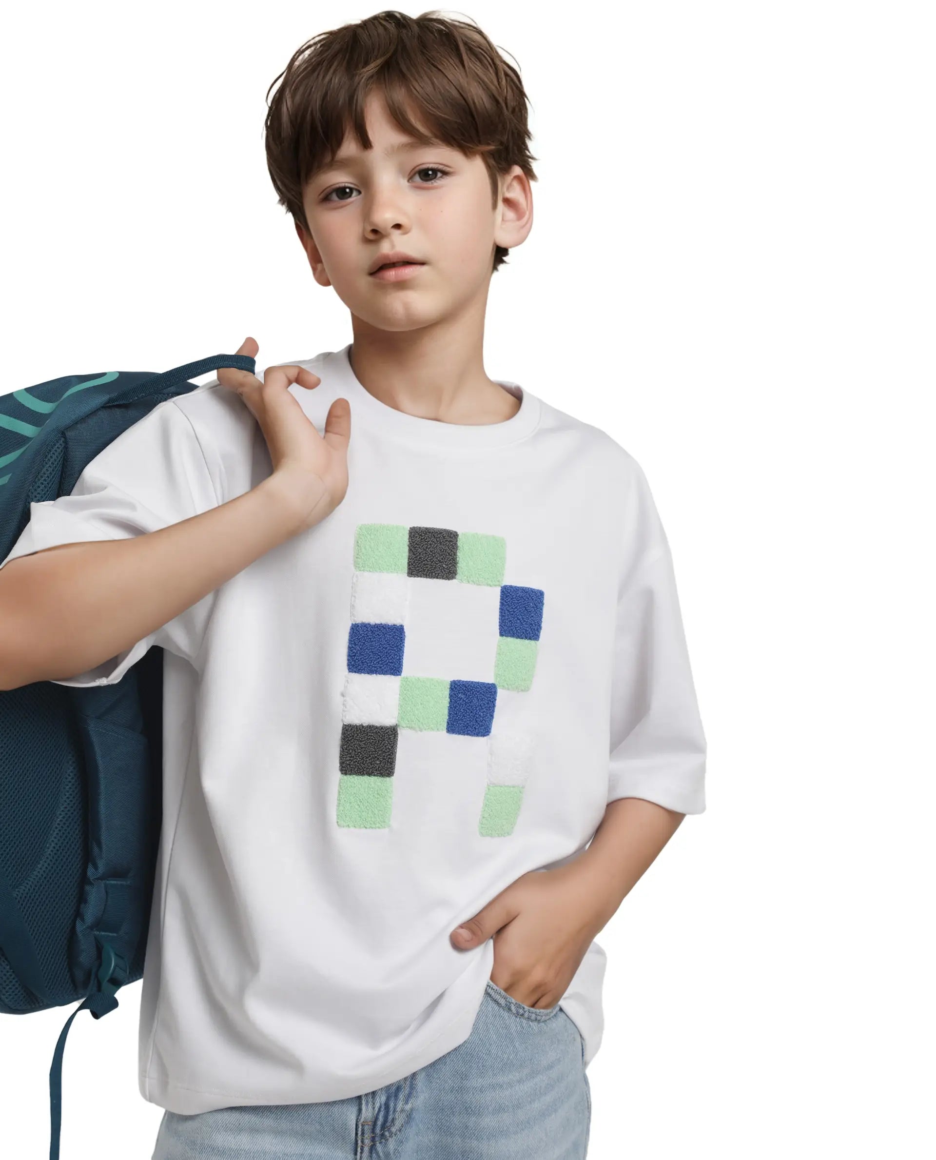 Rare Ones Kids Doe White Cotton Full Sleeves Crew Neck Towel Embroidery Print Oversized Fit T-Shirt
