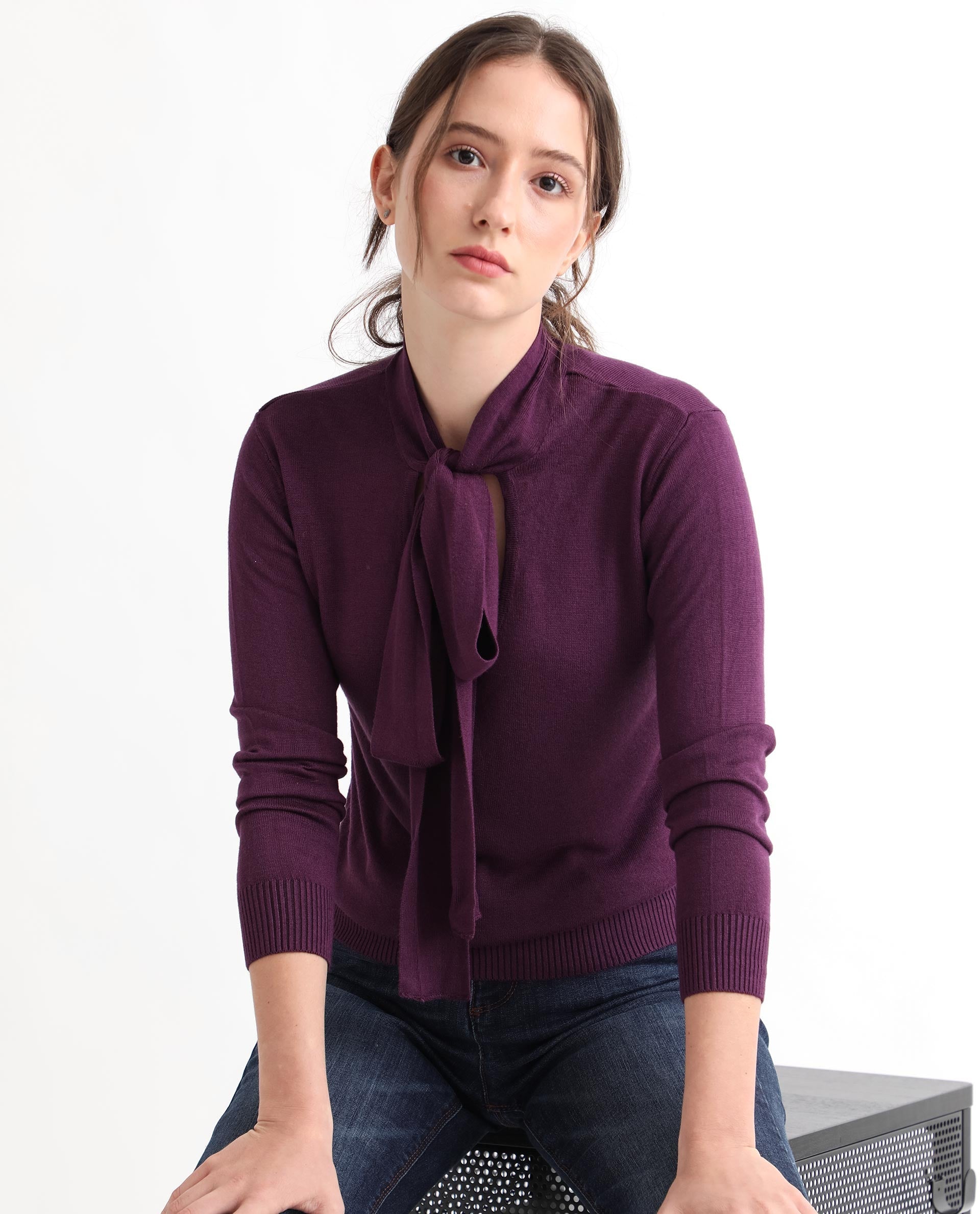 Rareism Women Dolce Purple Viscose Fabric Full Sleeves Regular Fit Solid Tie-Up Neck Sweater