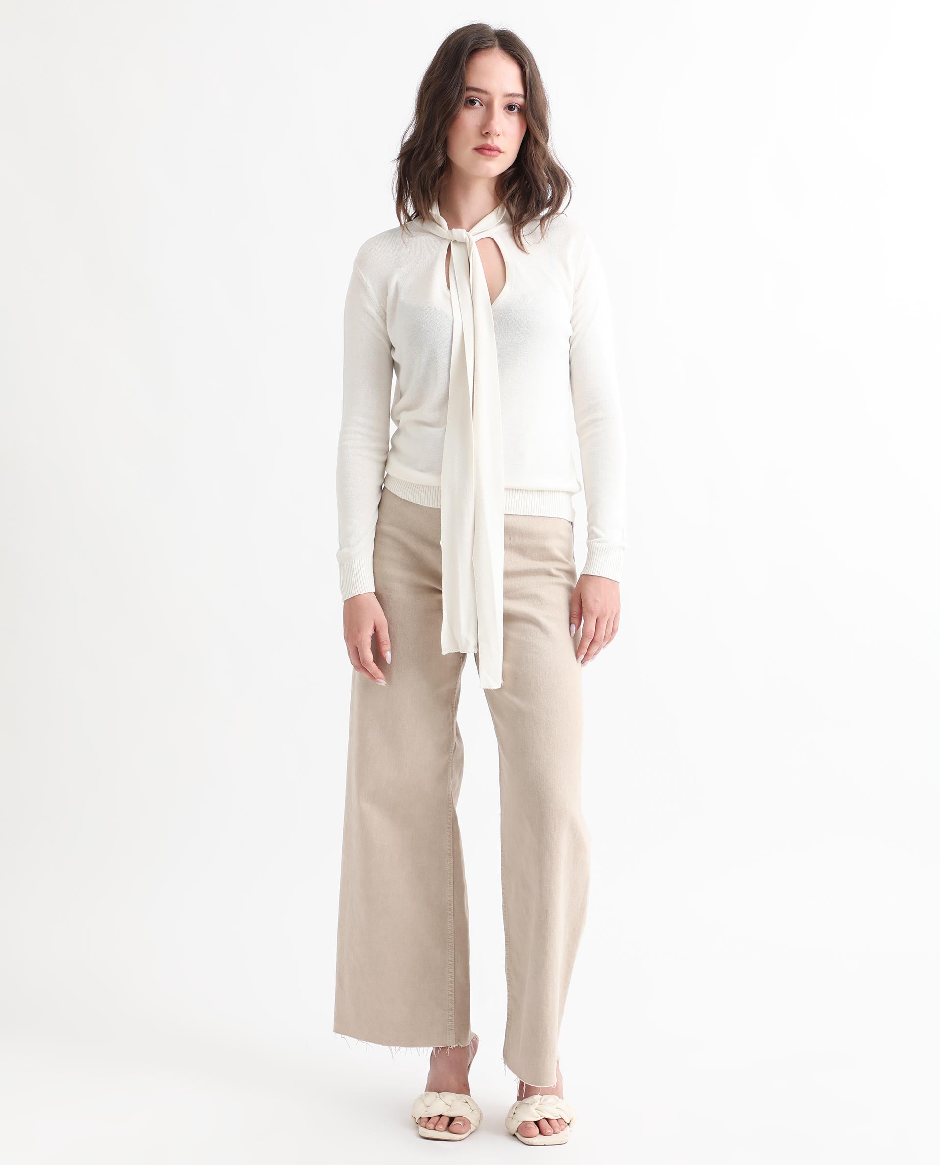 Rareism Women Dolce White Viscose Fabric Full Sleeves Regular Fit Solid Tie-Up Neck Sweater