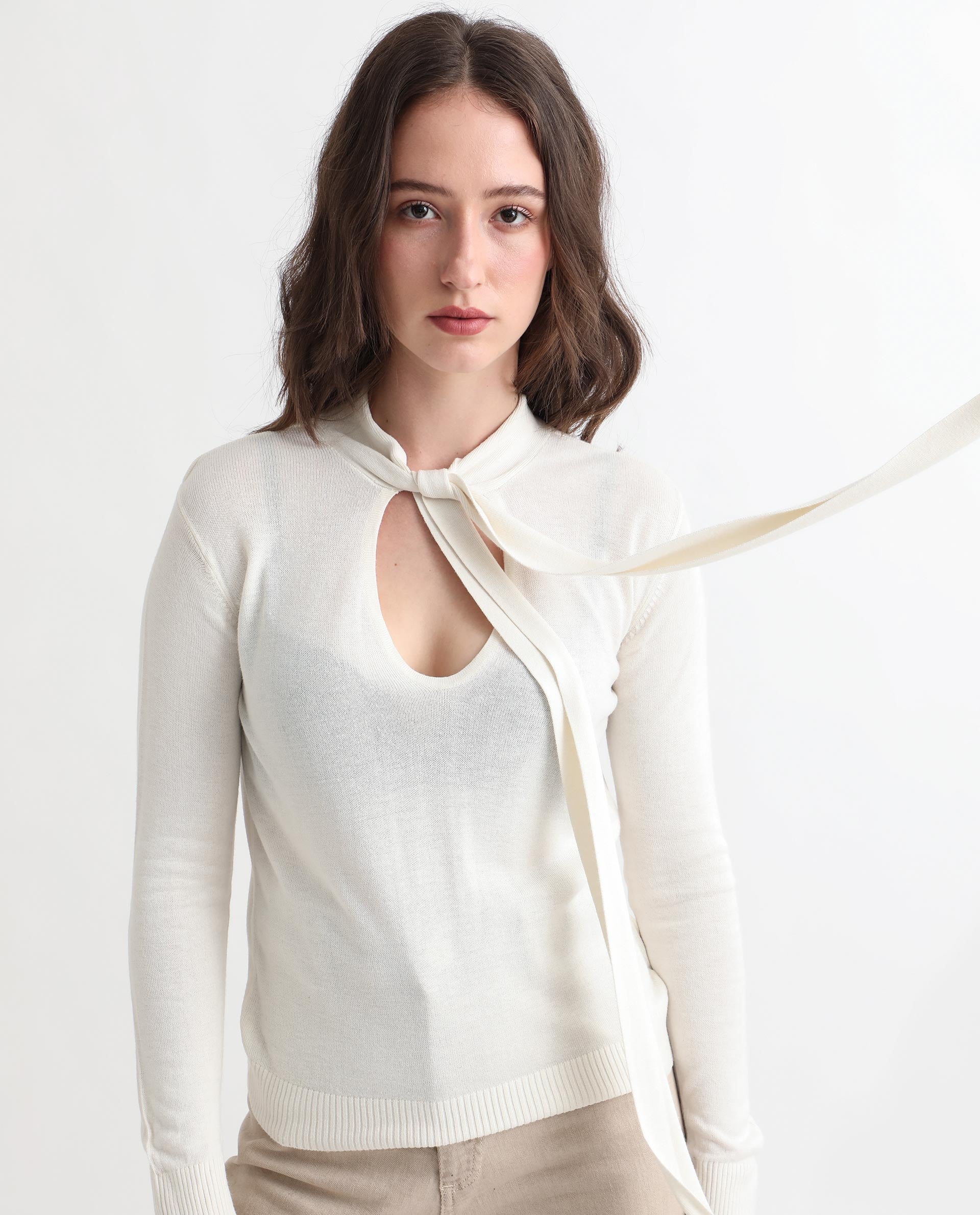 Rareism Women Dolce White Viscose Fabric Full Sleeves Regular Fit Solid Tie-Up Neck Sweater