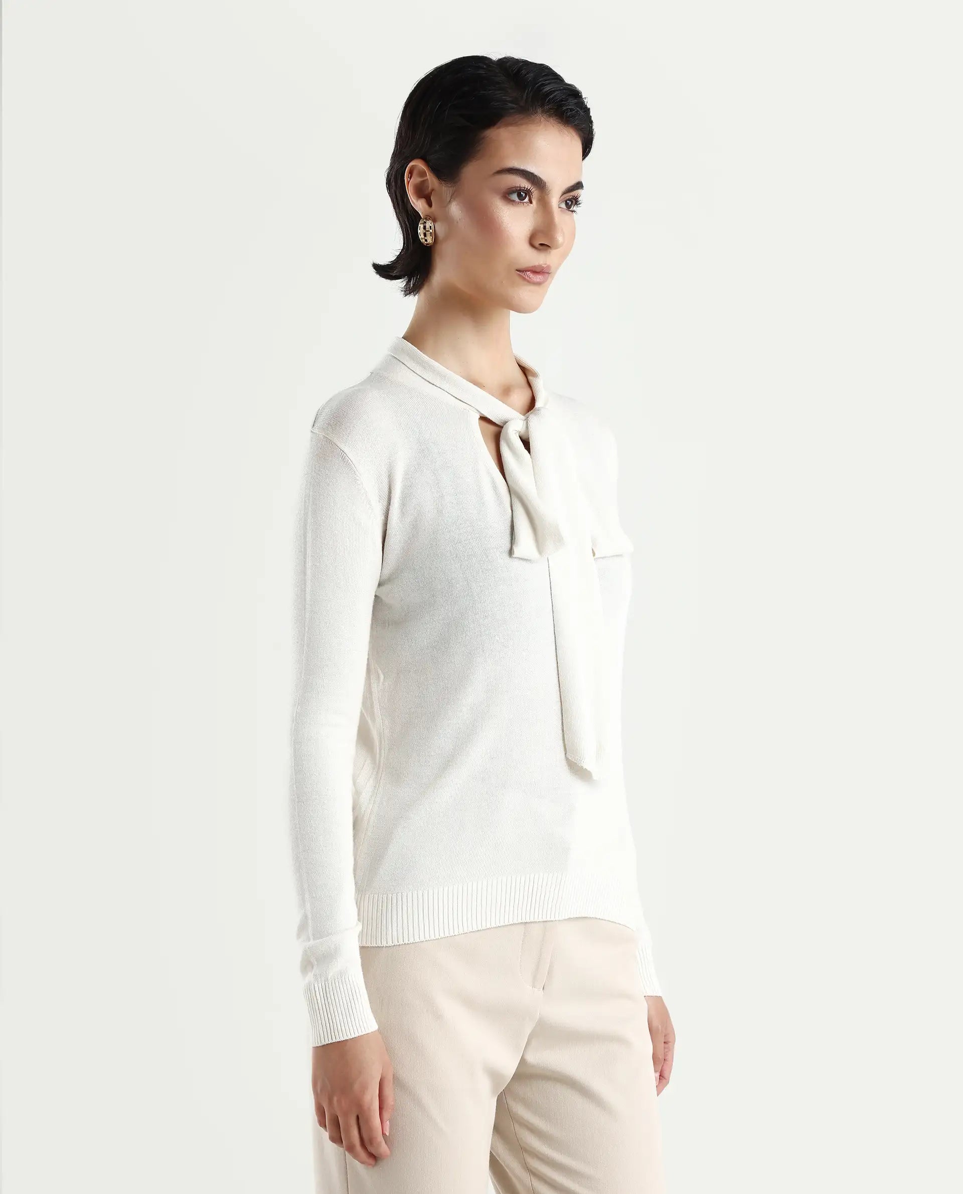Rareism Women's Dolce White Viscose Tie-Up Neck Plain Regular Fit Sweater