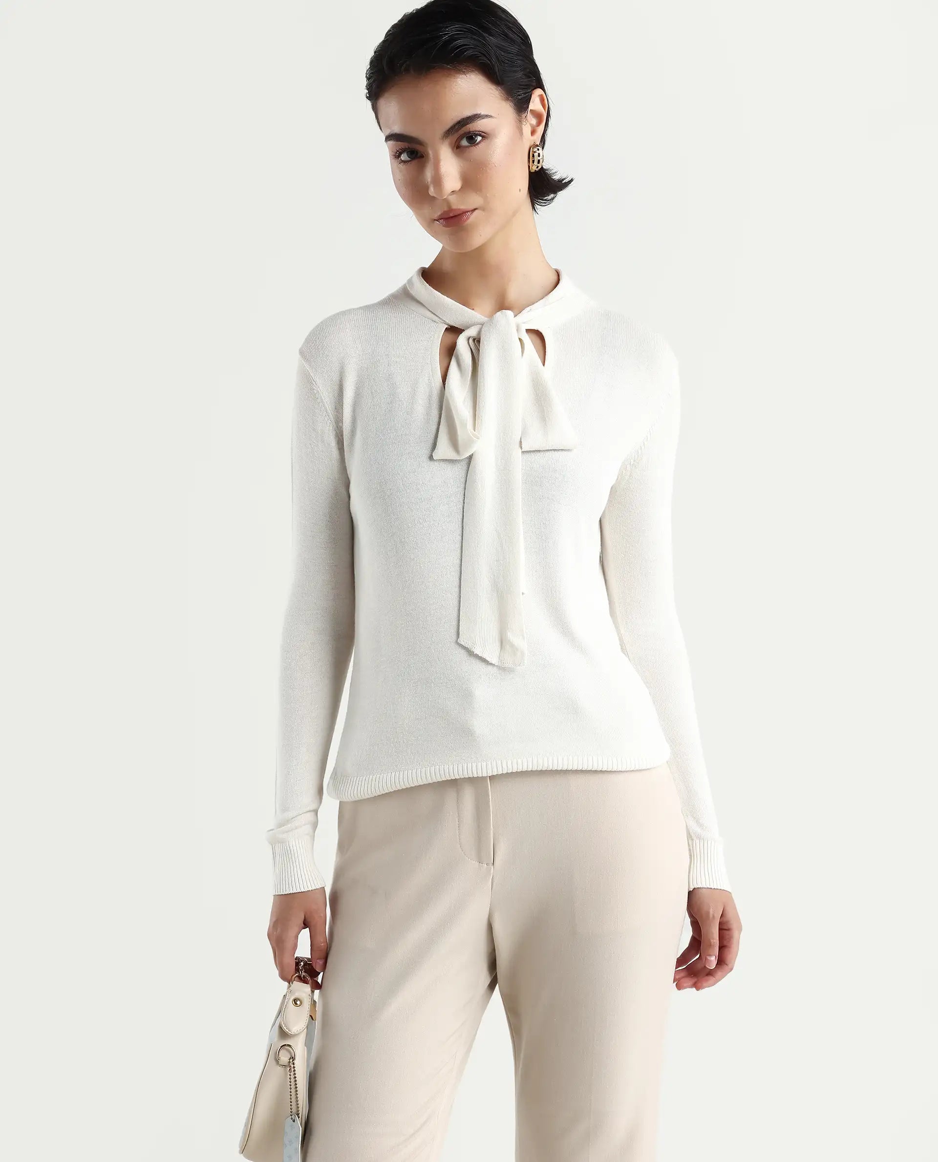 Rareism Women's Dolce White Viscose Tie-Up Neck Plain Regular Fit Sweater