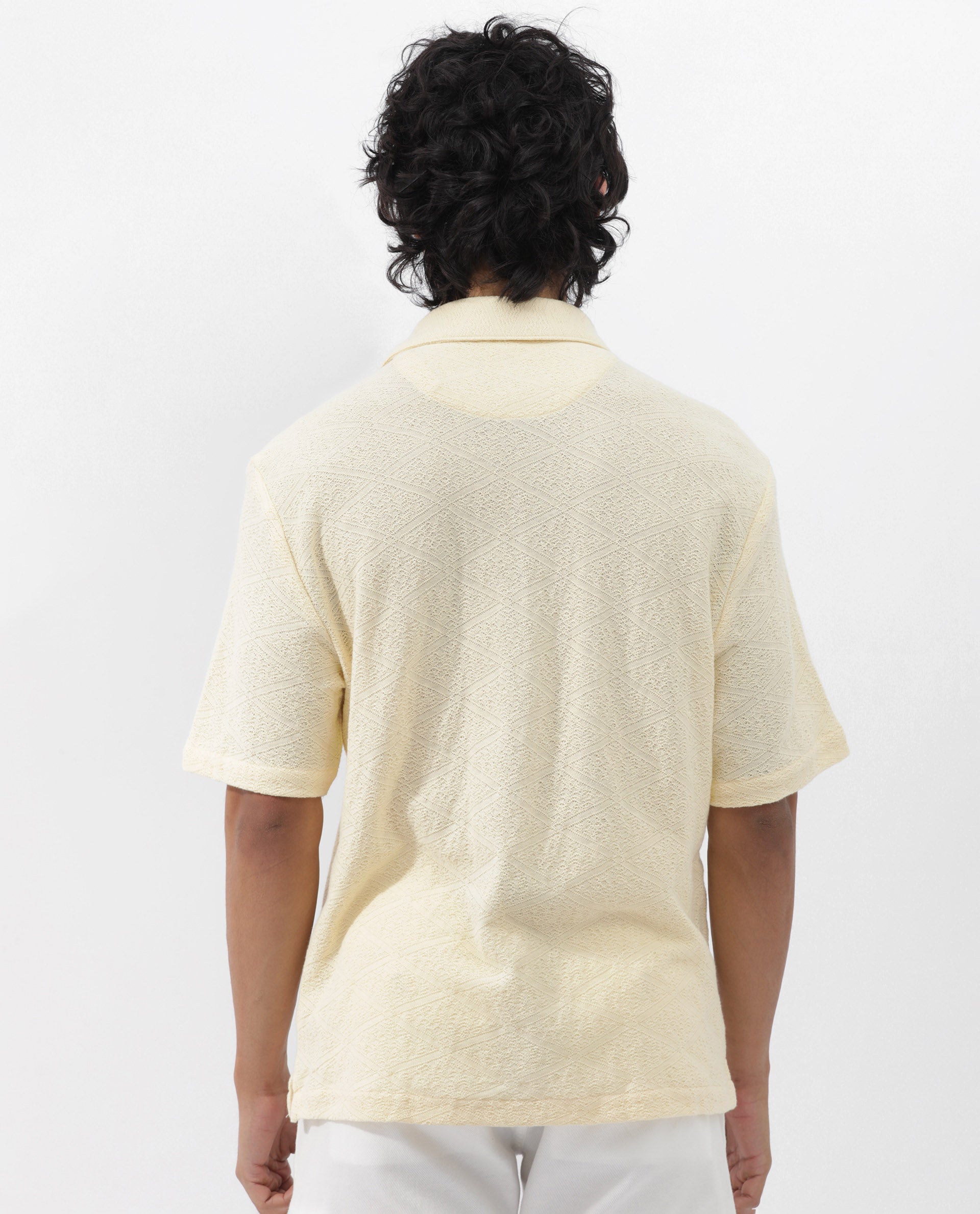 Rare Rabbit Men's Domat Light Yellow Cotton Fabric Half Sleeve Boxy Fit Jacquard Textured Shirt