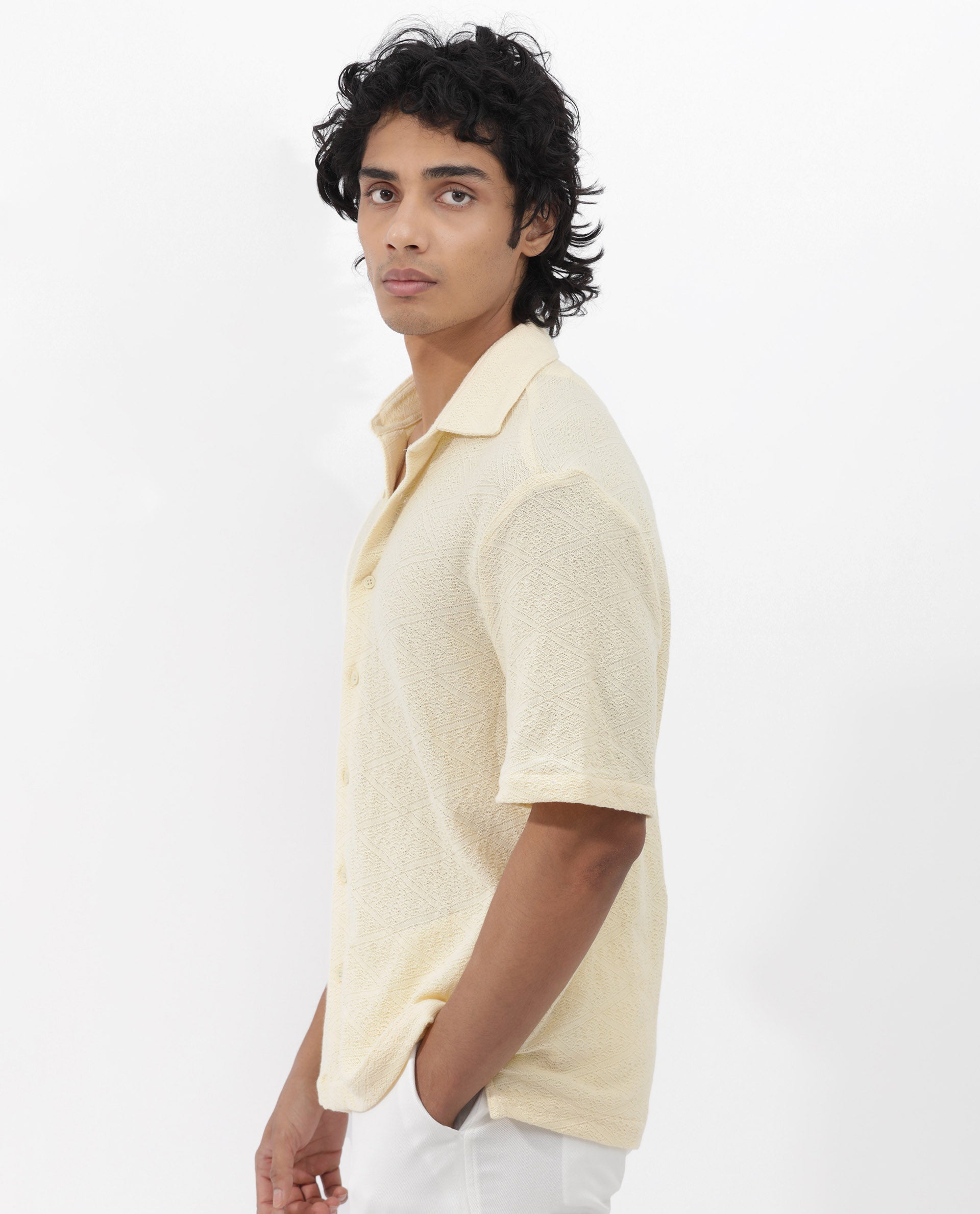 Rare Rabbit Men's Domat Light Yellow Cotton Fabric Half Sleeve Boxy Fit Jacquard Textured Shirt