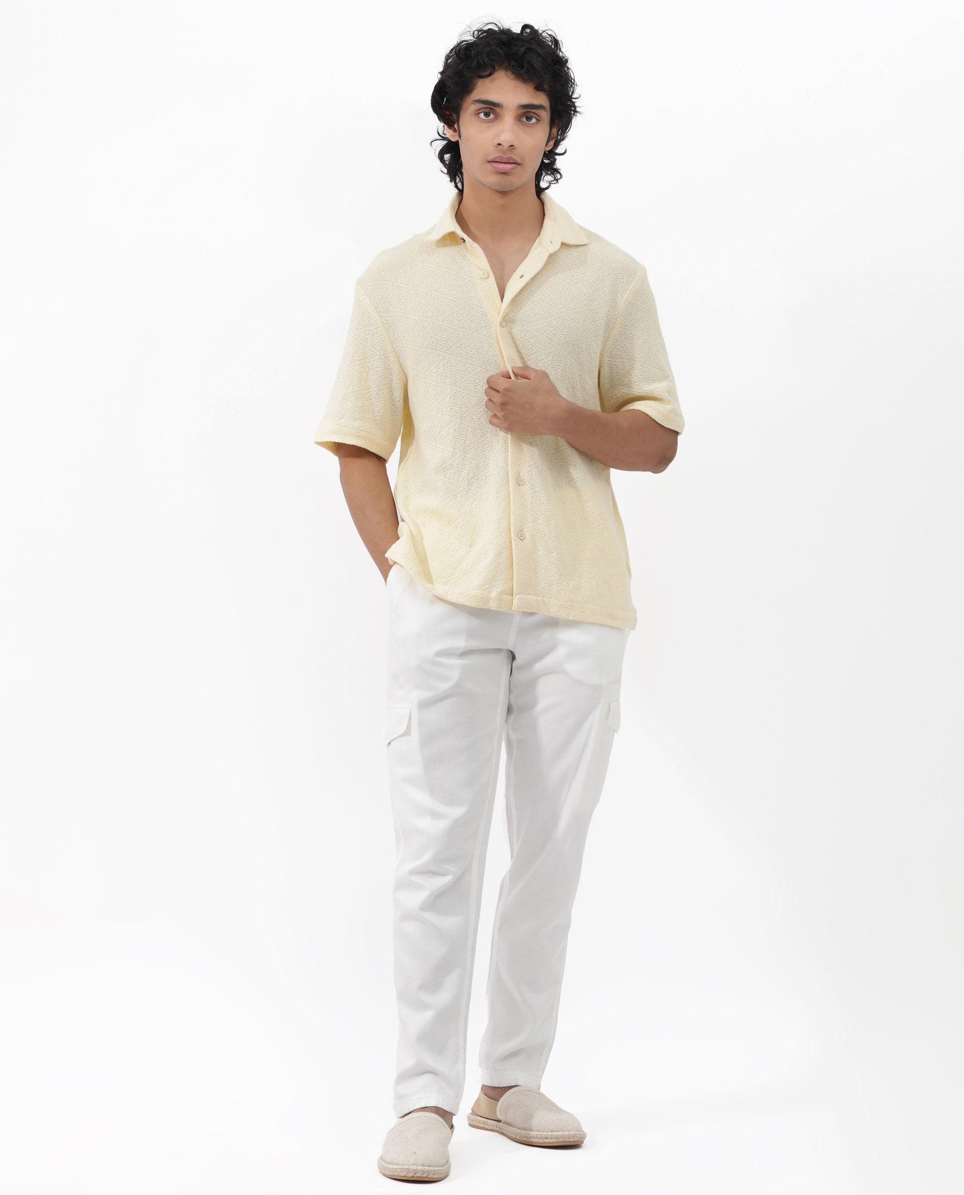 Rare Rabbit Men's Domat Light Yellow Cotton Fabric Half Sleeve Boxy Fit Jacquard Textured Shirt