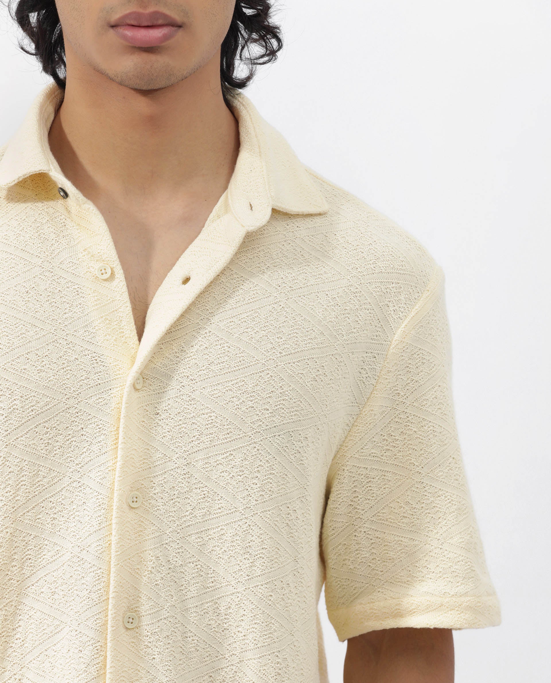 Rare Rabbit Men's Domat Light Yellow Cotton Fabric Half Sleeve Boxy Fit Jacquard Textured Shirt