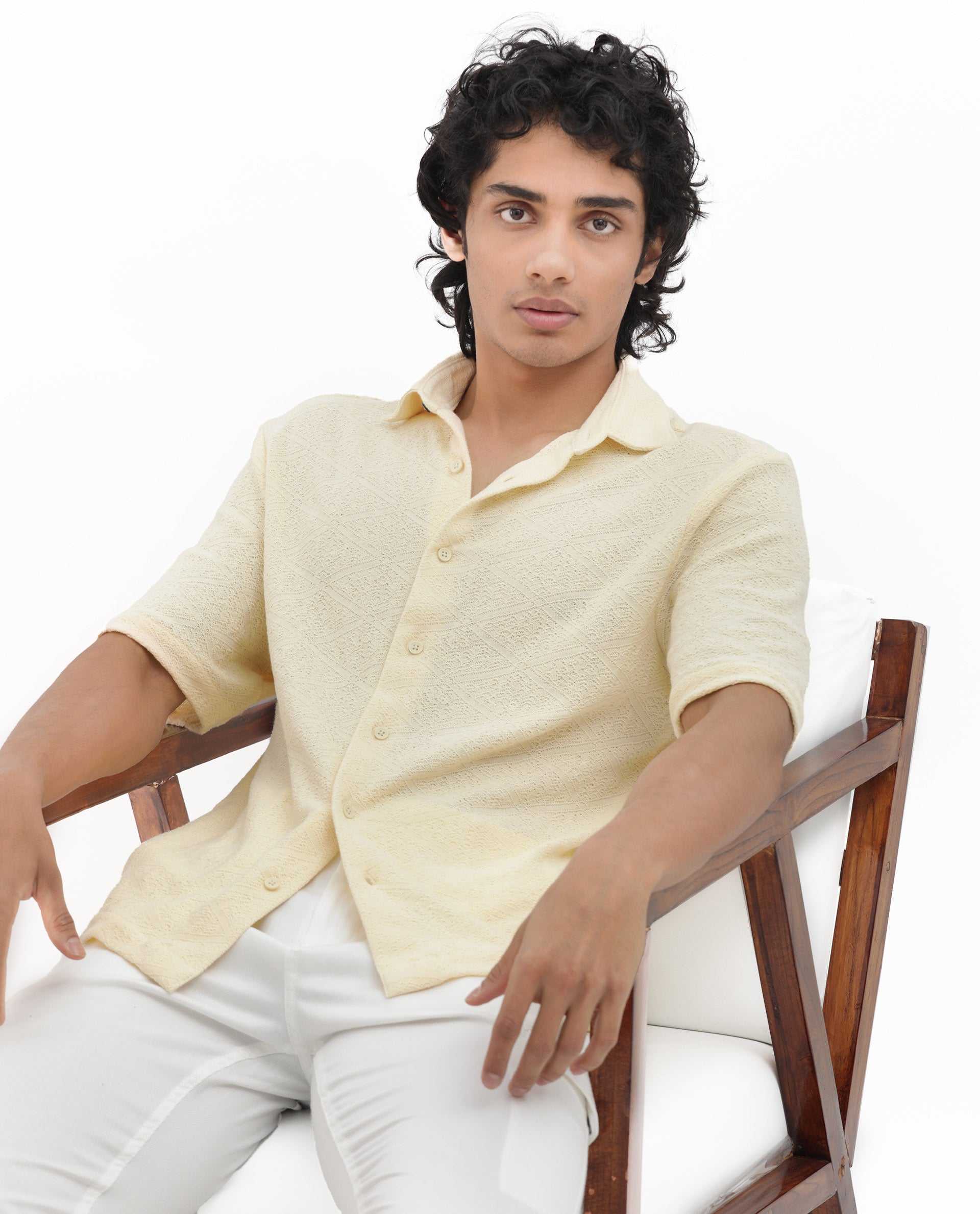 Rare Rabbit Men's Domat Light Yellow Cotton Fabric Half Sleeve Boxy Fit Jacquard Textured Shirt