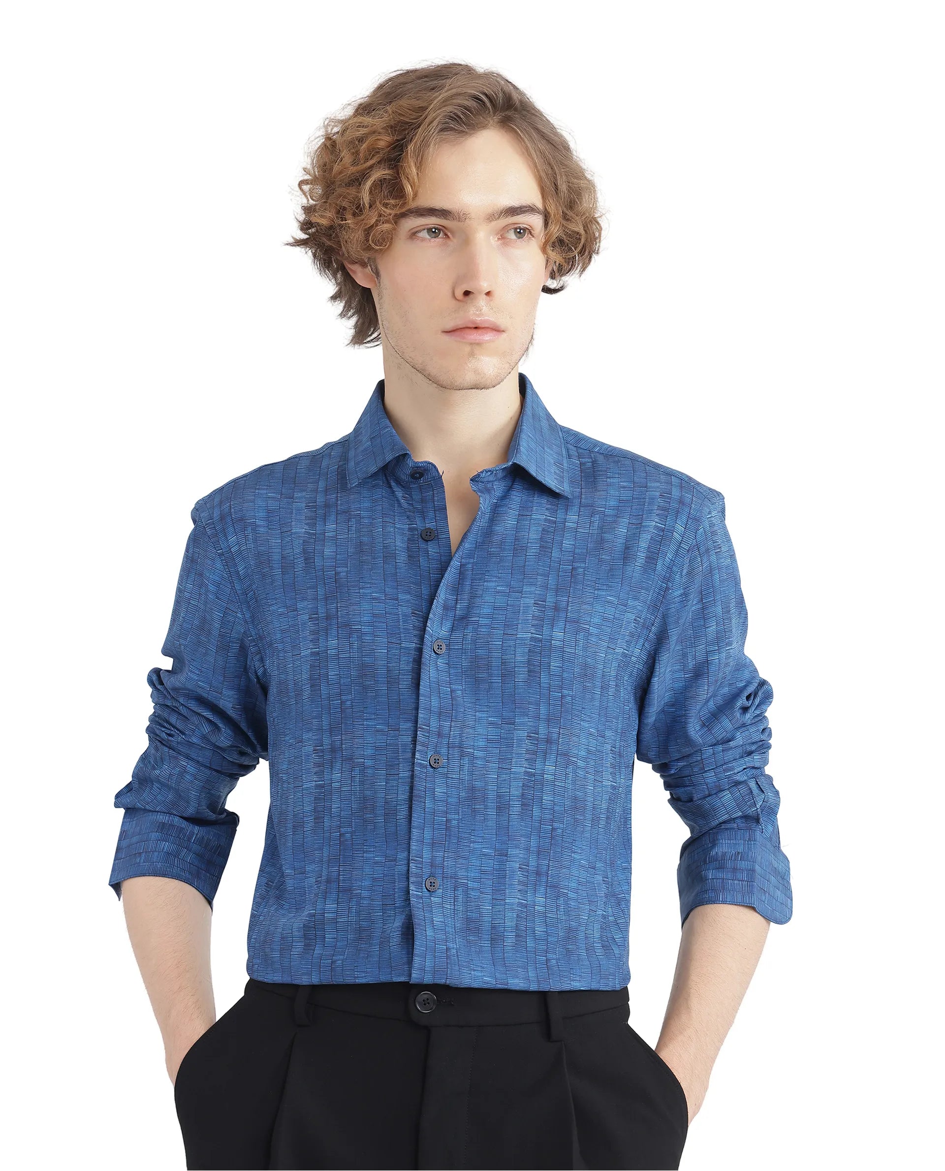 Rare Rabbit Men Doma Blue Full Sleeve Collared Neck Printed Shirt