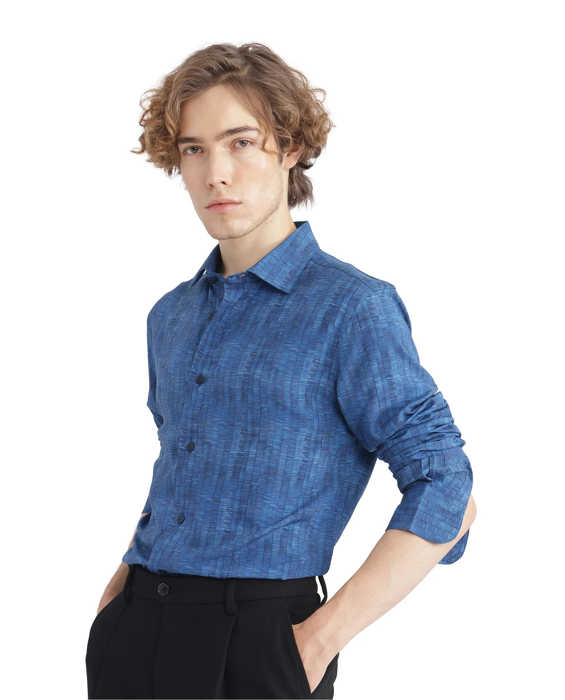 Rare Rabbit Men Doma Blue Full Sleeve Collared Neck Printed Shirt