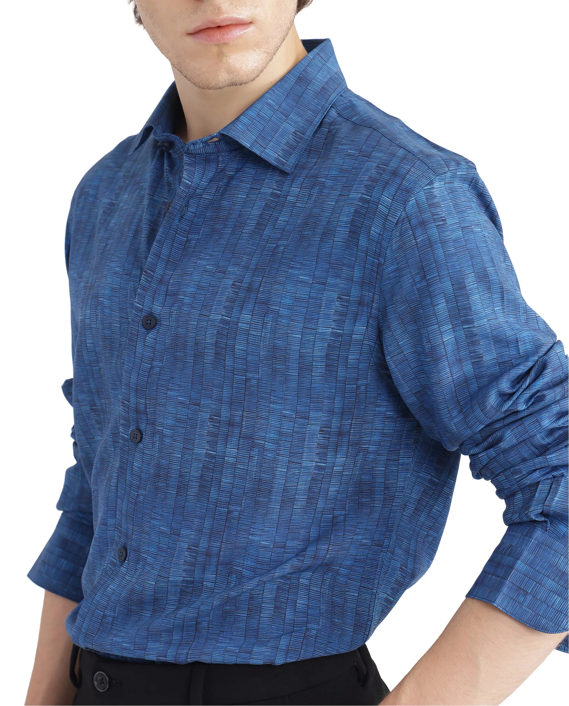 Rare Rabbit Men Doma Blue Full Sleeve Collared Neck Printed Shirt