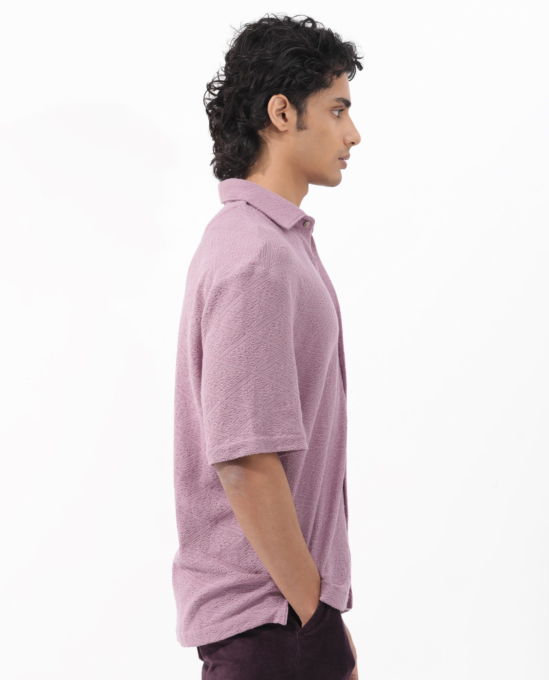 Rare Rabbit Men's Domat Dusky Purple Cotton Fabric Half Sleeve Boxy Fit Jacquard Textured Shirt
