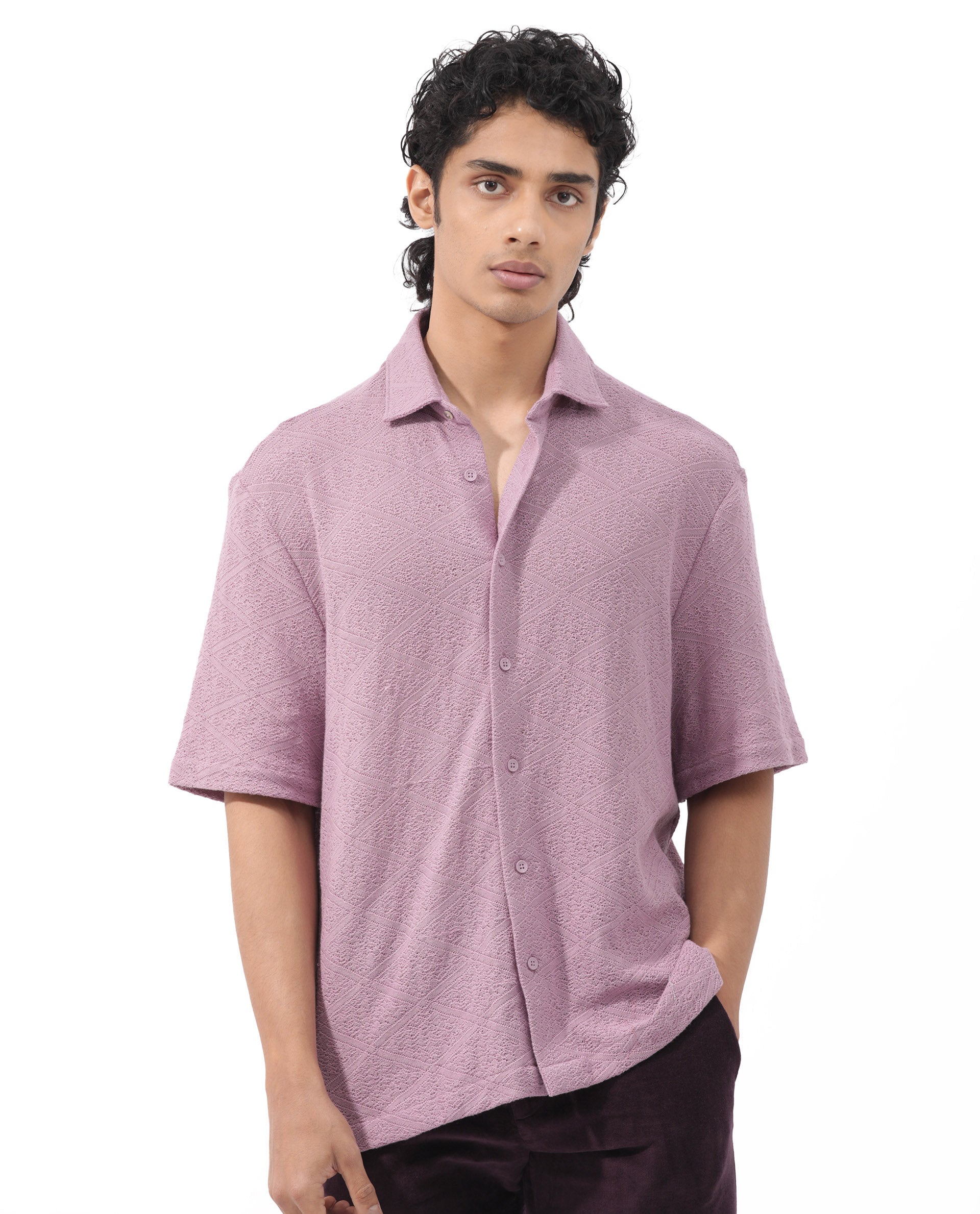 Rare Rabbit Men's Domat Dusky Purple Cotton Fabric Half Sleeve Boxy Fit Jacquard Textured Shirt
