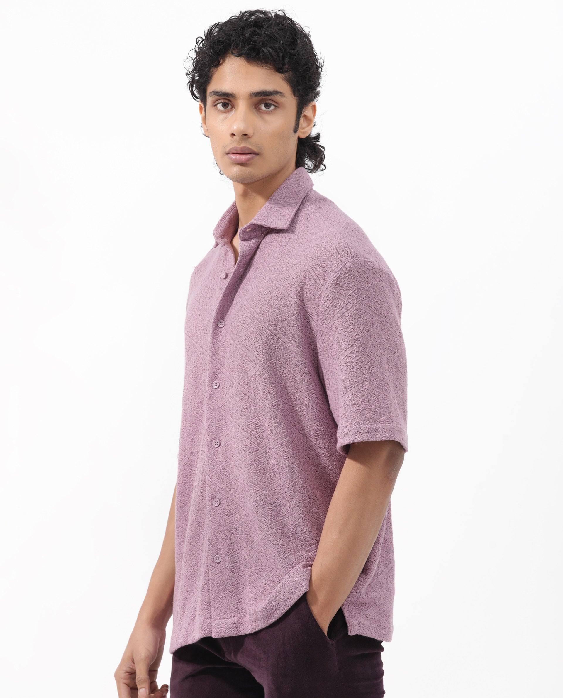 Rare Rabbit Men's Domat Dusky Purple Cotton Fabric Half Sleeve Boxy Fit Jacquard Textured Shirt
