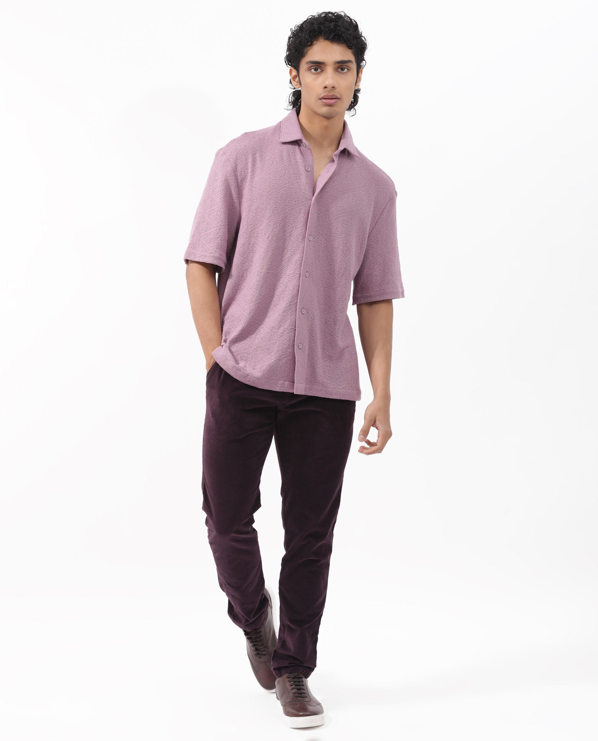 Rare Rabbit Men's Domat Dusky Purple Cotton Fabric Half Sleeve Boxy Fit Jacquard Textured Shirt