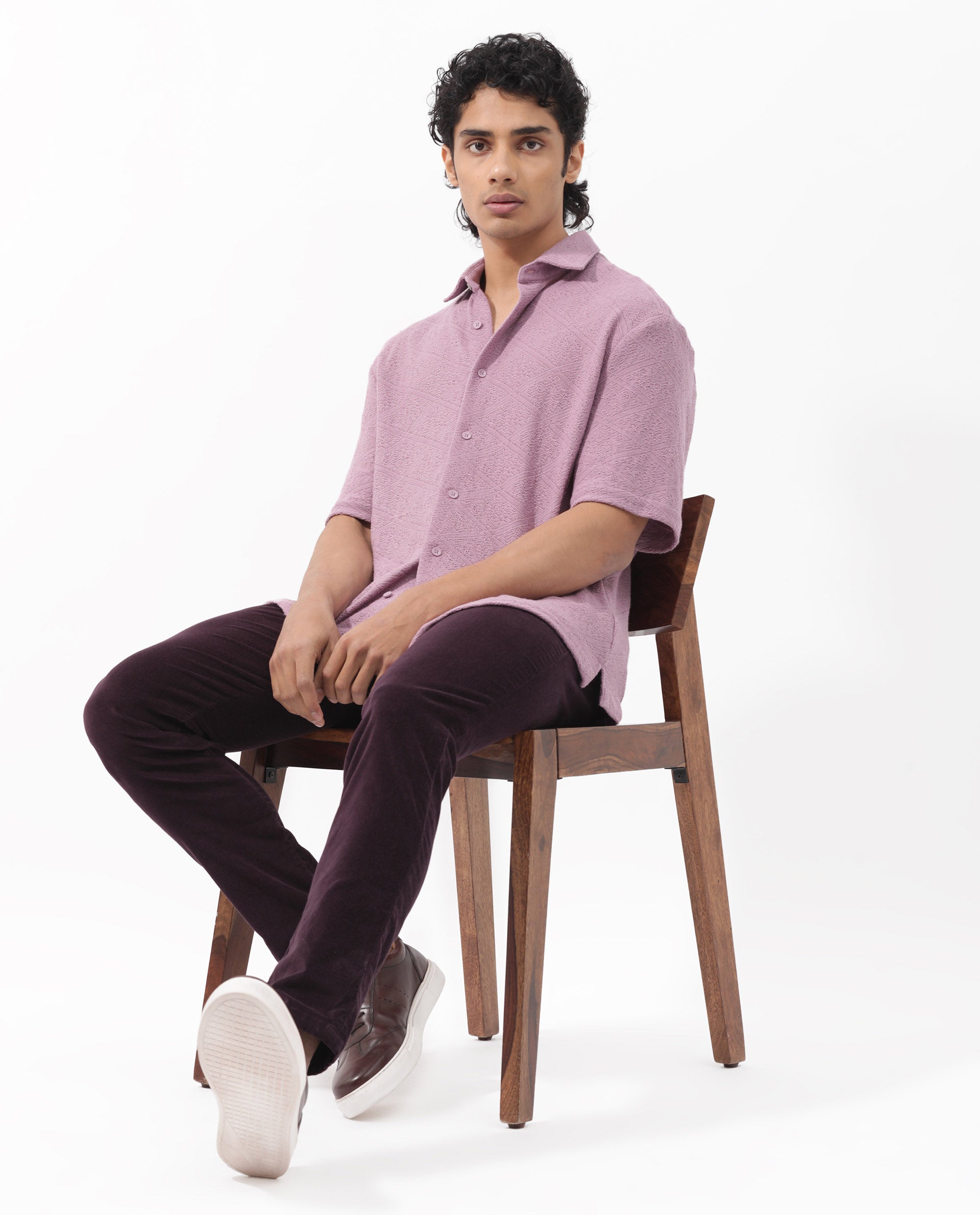 Rare Rabbit Men's Domat Dusky Purple Cotton Fabric Half Sleeve Boxy Fit Jacquard Textured Shirt