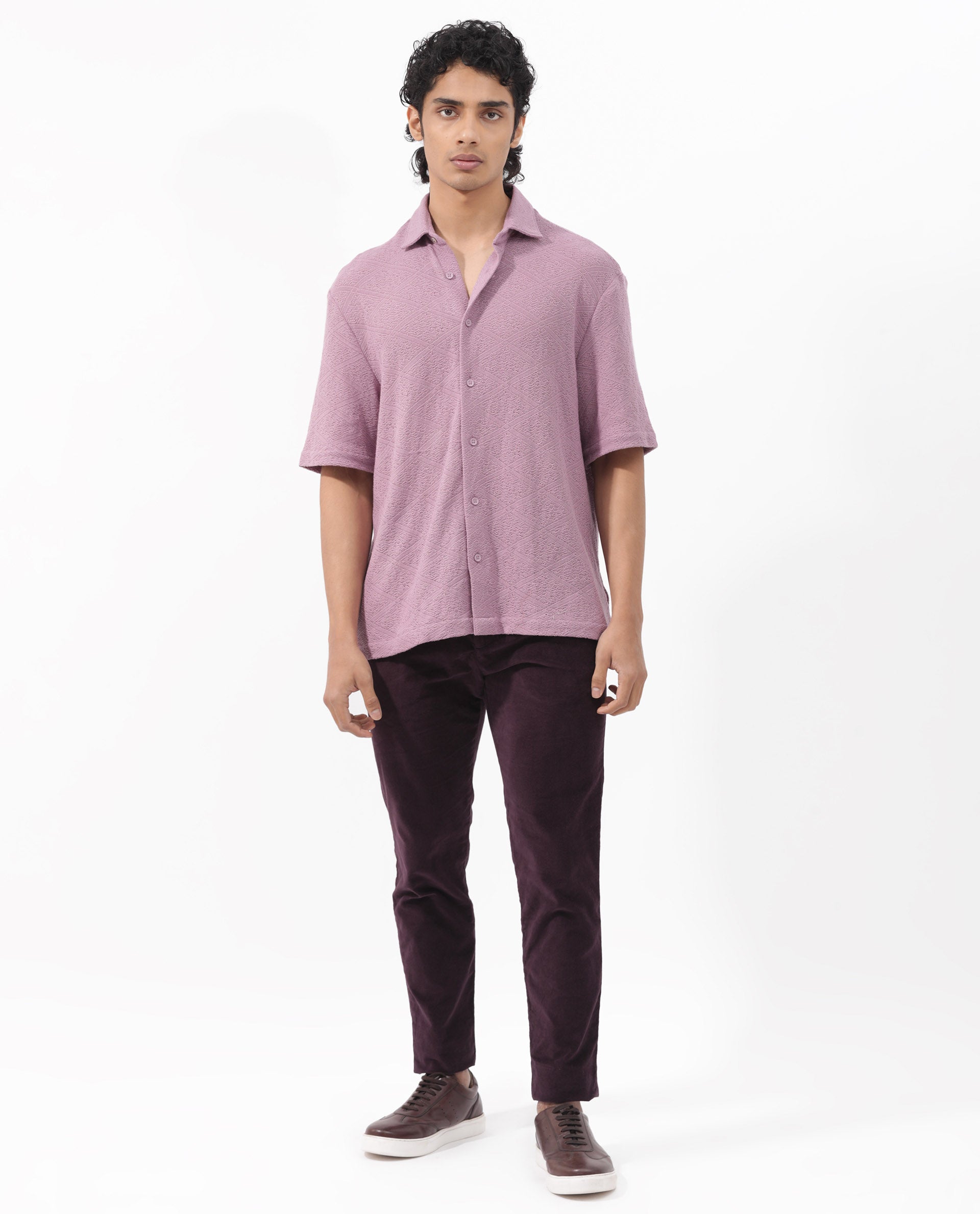 Rare Rabbit Men's Domat Dusky Purple Cotton Fabric Half Sleeve Boxy Fit Jacquard Textured Shirt