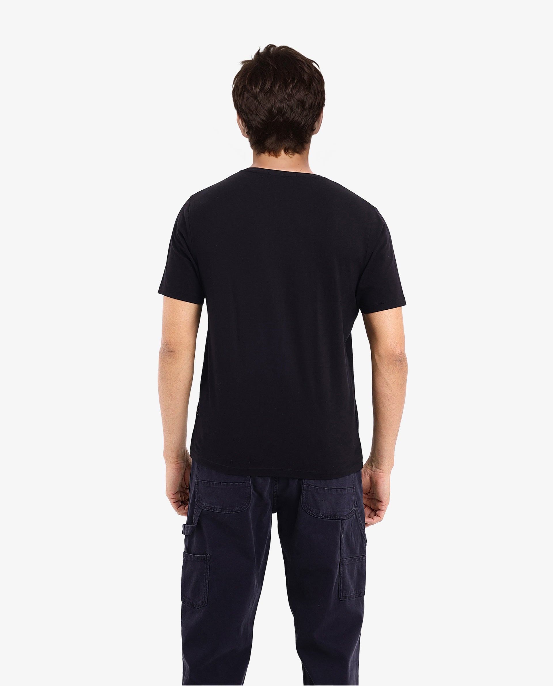 Rare Rabbit Men Dom Black Cotton Lycra Fabric Short Sleeve Crew Neck Oversized Fit Satin Graphic Print T-Shirt