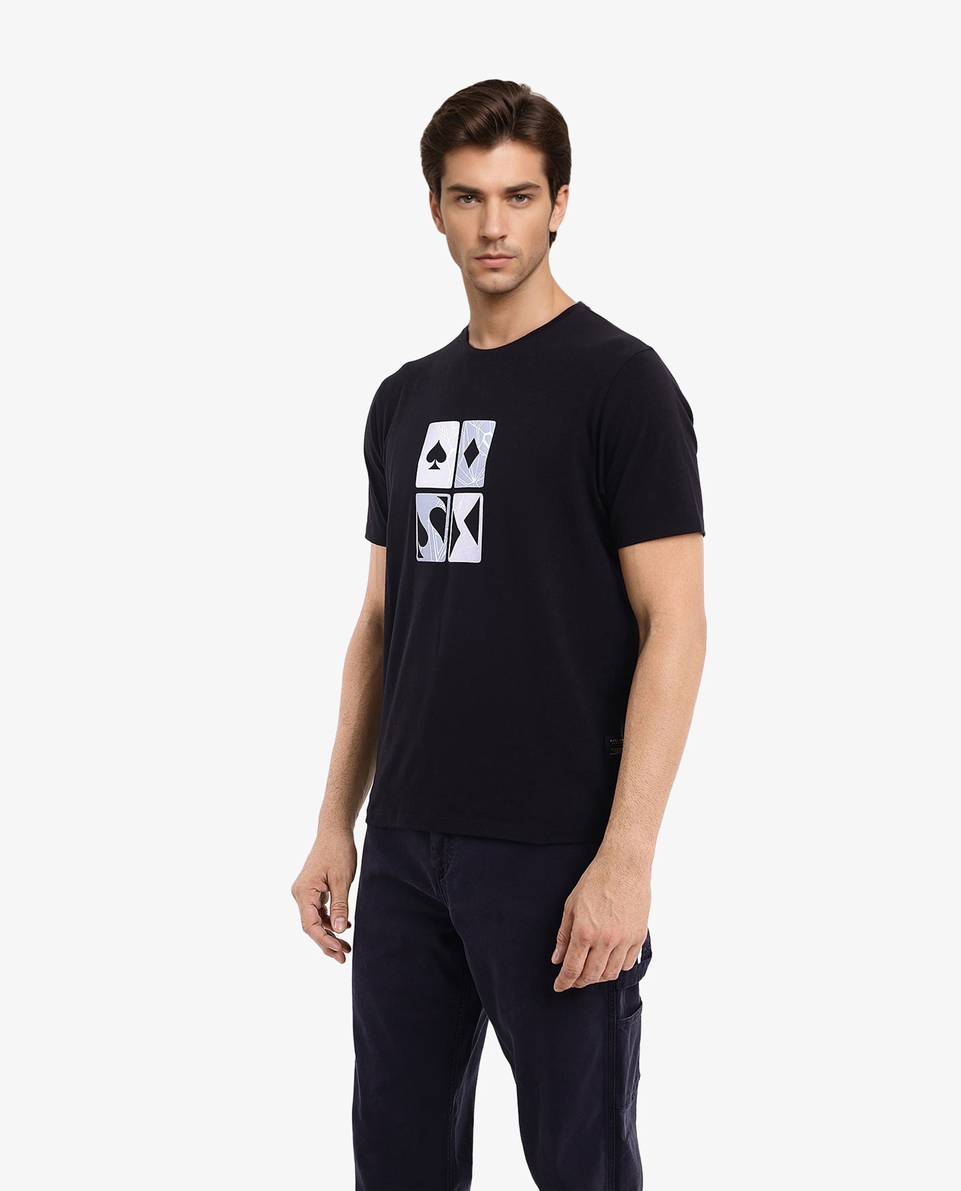 Rare Rabbit Men Dom Black Cotton Lycra Fabric Short Sleeve Crew Neck Oversized Fit Satin Graphic Print T-Shirt