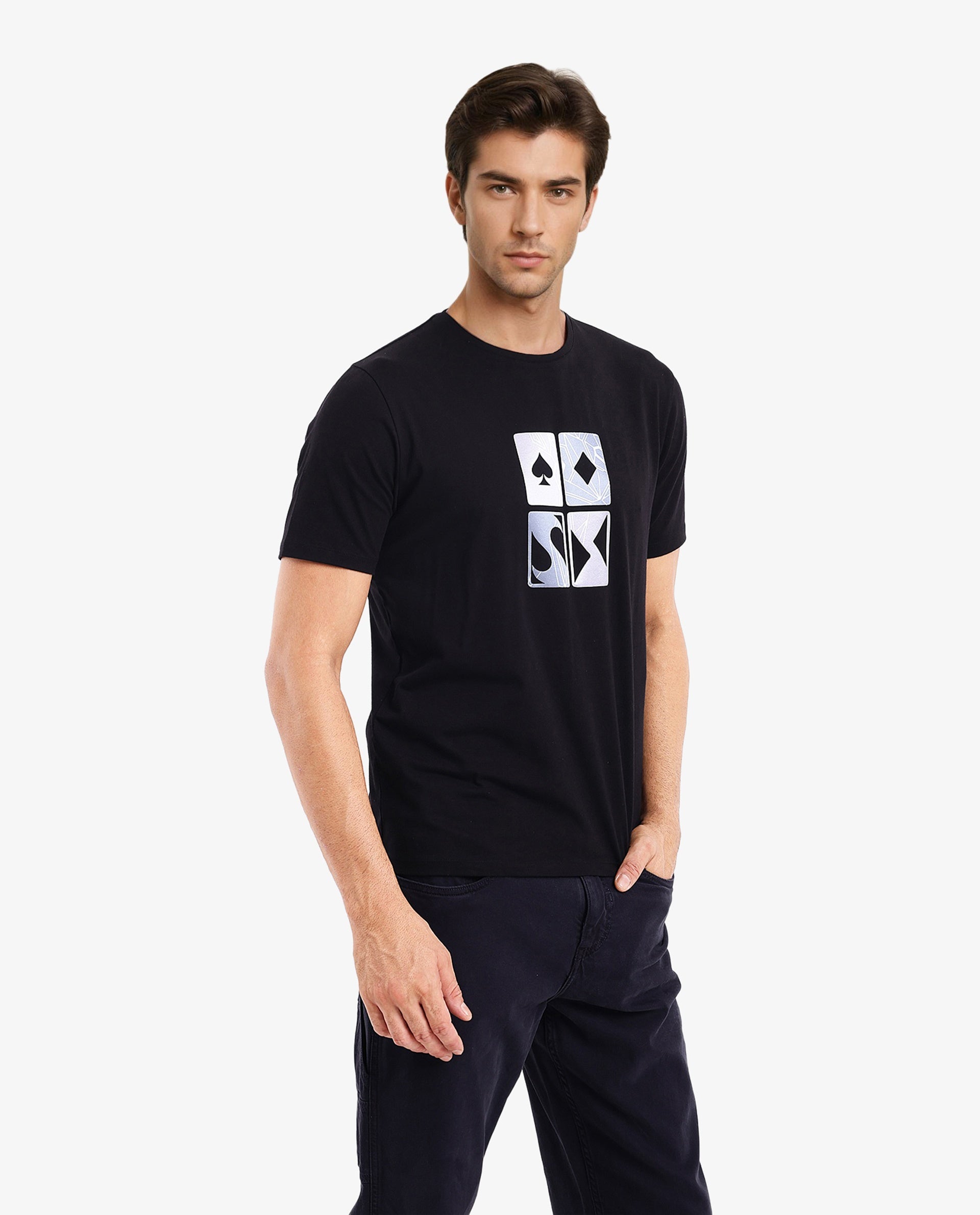 Rare Rabbit Men Dom Black Cotton Lycra Fabric Short Sleeve Crew Neck Oversized Fit Satin Graphic Print T-Shirt