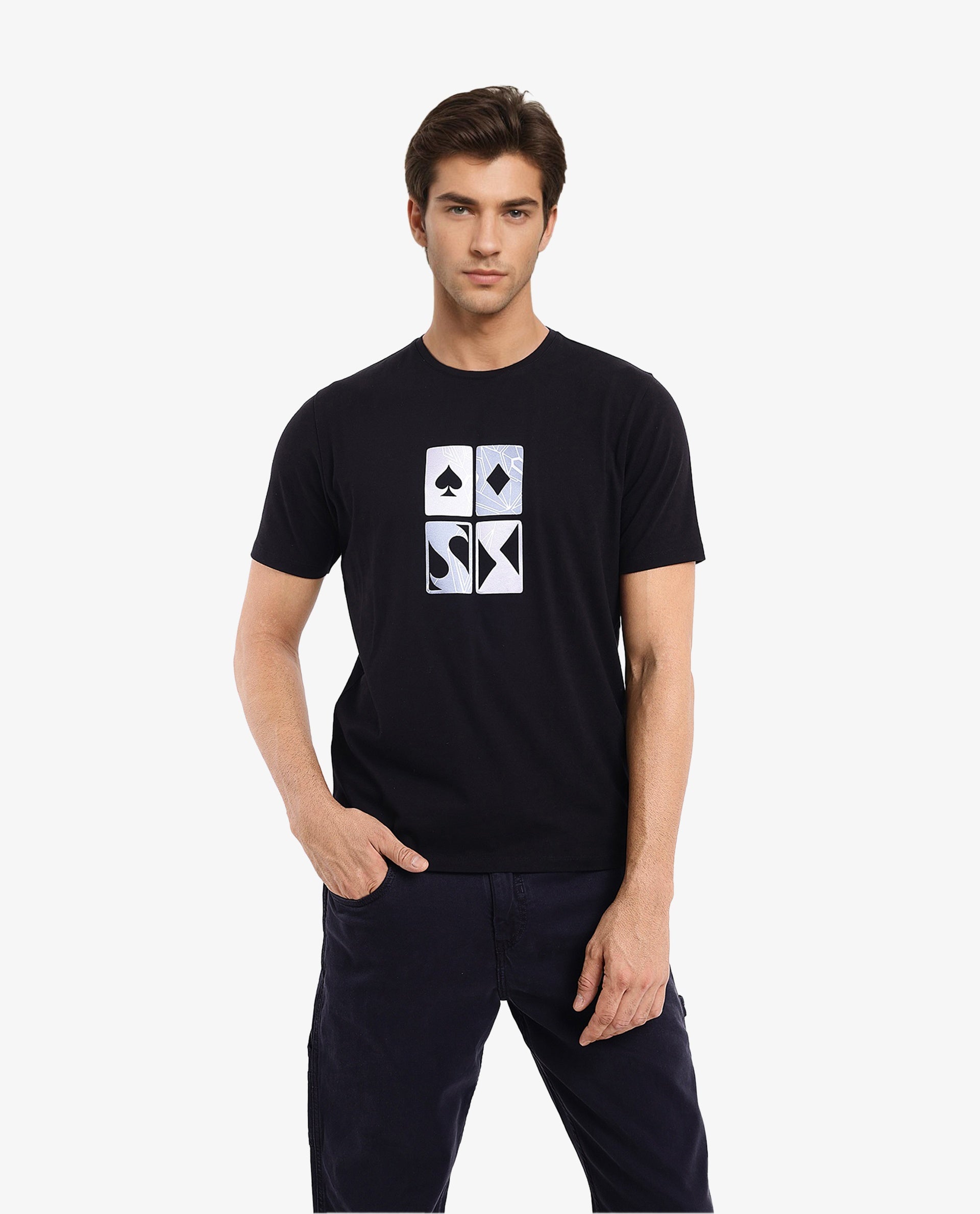 Rare Rabbit Men Dom Black Cotton Lycra Fabric Short Sleeve Crew Neck Oversized Fit Satin Graphic Print T-Shirt