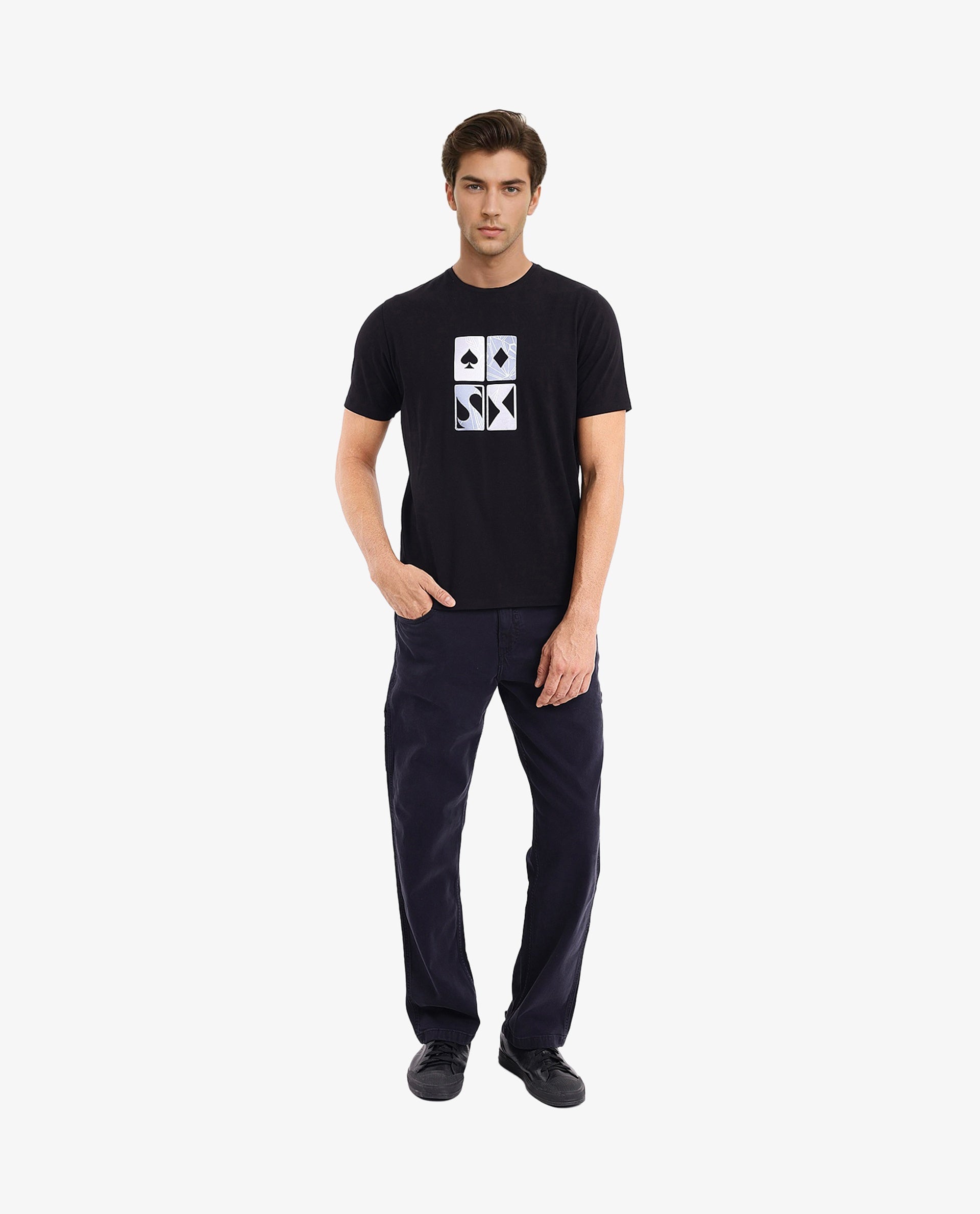 Rare Rabbit Men Dom Black Cotton Lycra Fabric Short Sleeve Crew Neck Oversized Fit Satin Graphic Print T-Shirt