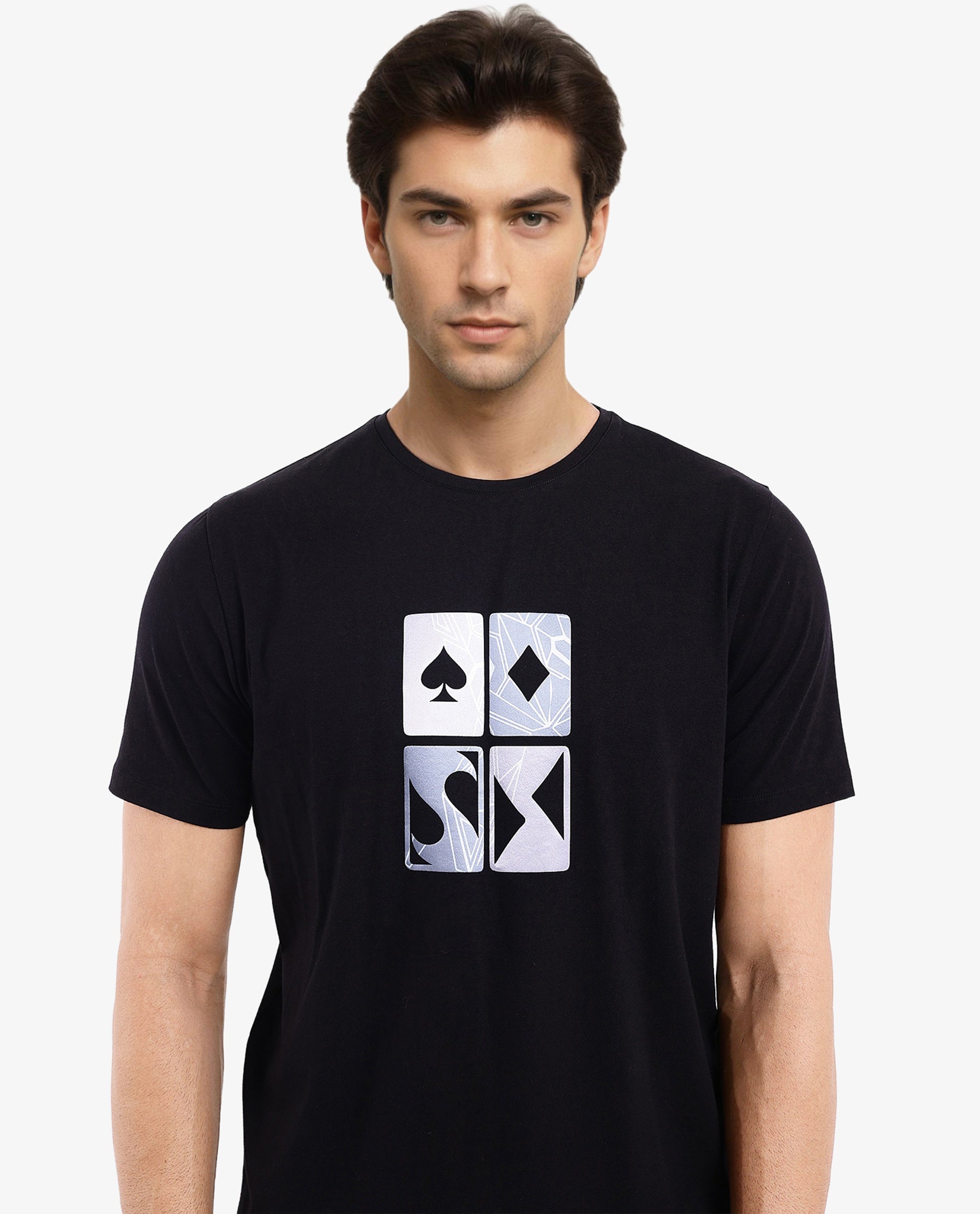 Rare Rabbit Men Dom Black Cotton Lycra Fabric Short Sleeve Crew Neck Oversized Fit Satin Graphic Print T-Shirt