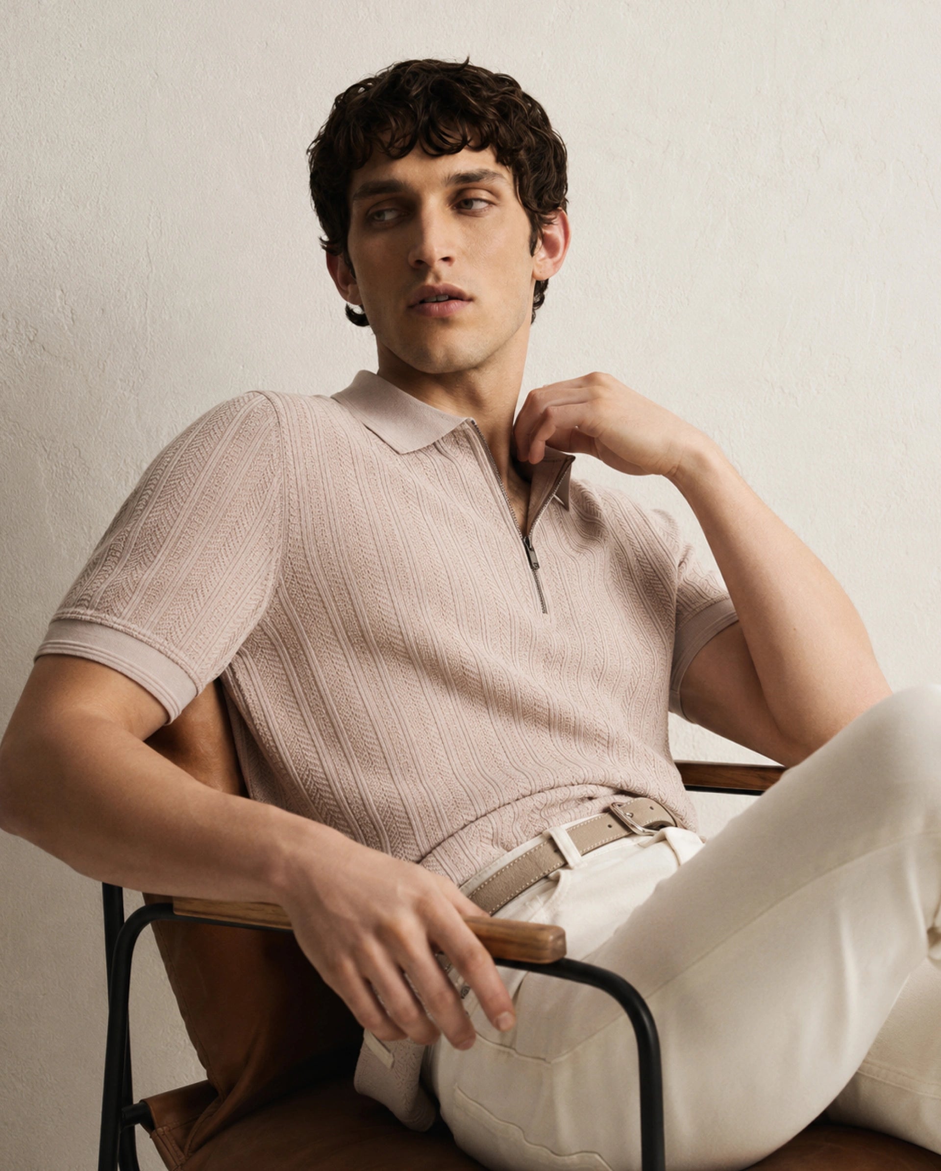 Rare Rabbit Men's Doom Dusky Beige Polyester Blend Spread Collar Zipper Regular Jacquard Polo