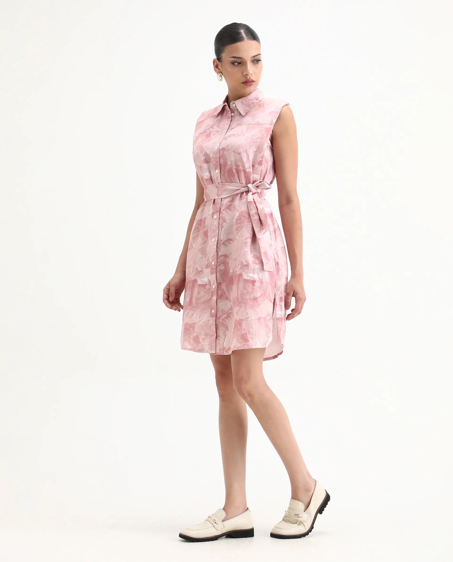 Rareism Women's Doremi Pink Linen Spread Collar Abstract Print Sleeveless Knee Length Regular Fit Dress