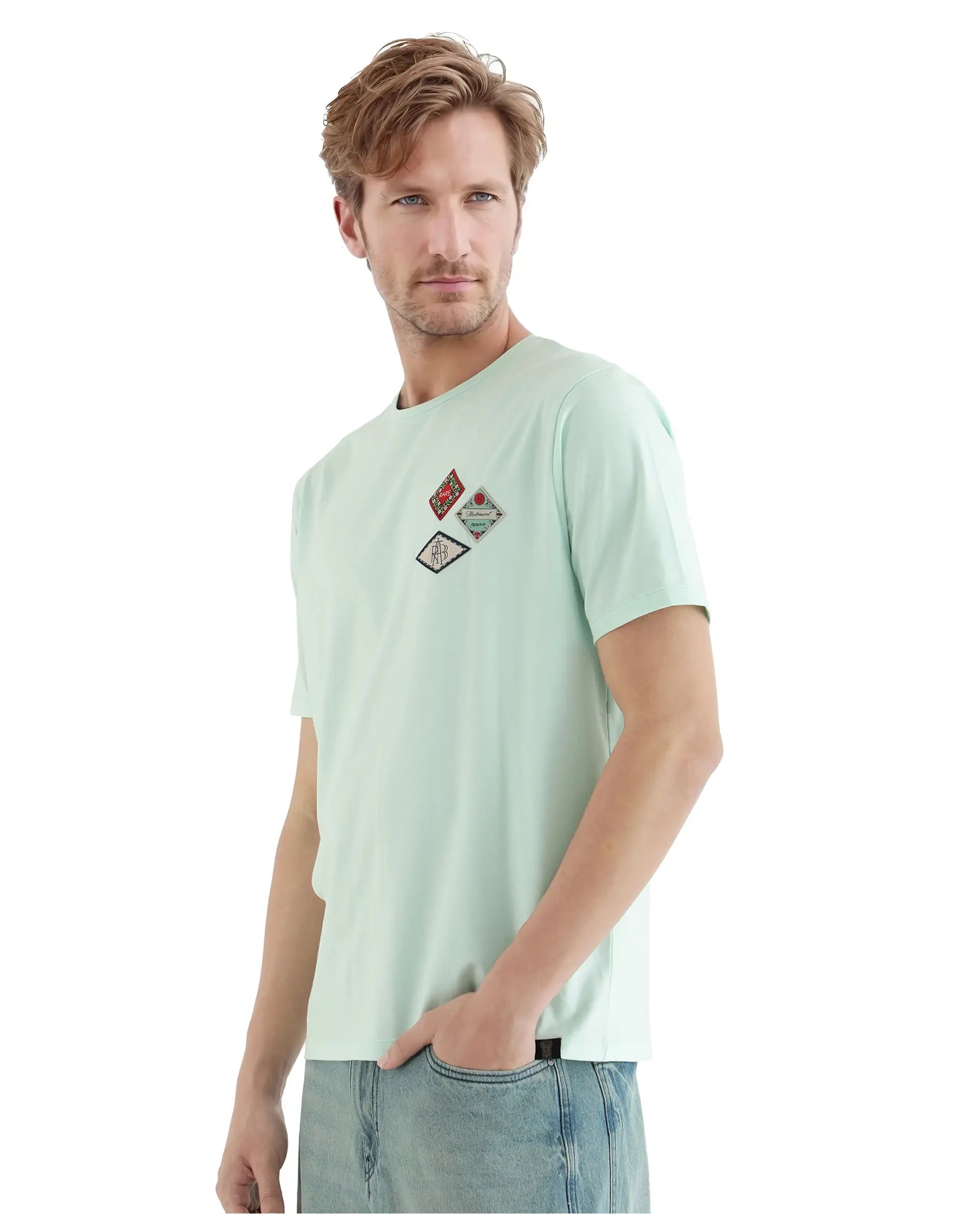 Rare Rabbit Men Dorl Light Blue Cotton Blend Fabric Short Sleeve Crew Neck HD Print Pocket Placement T-Shirt