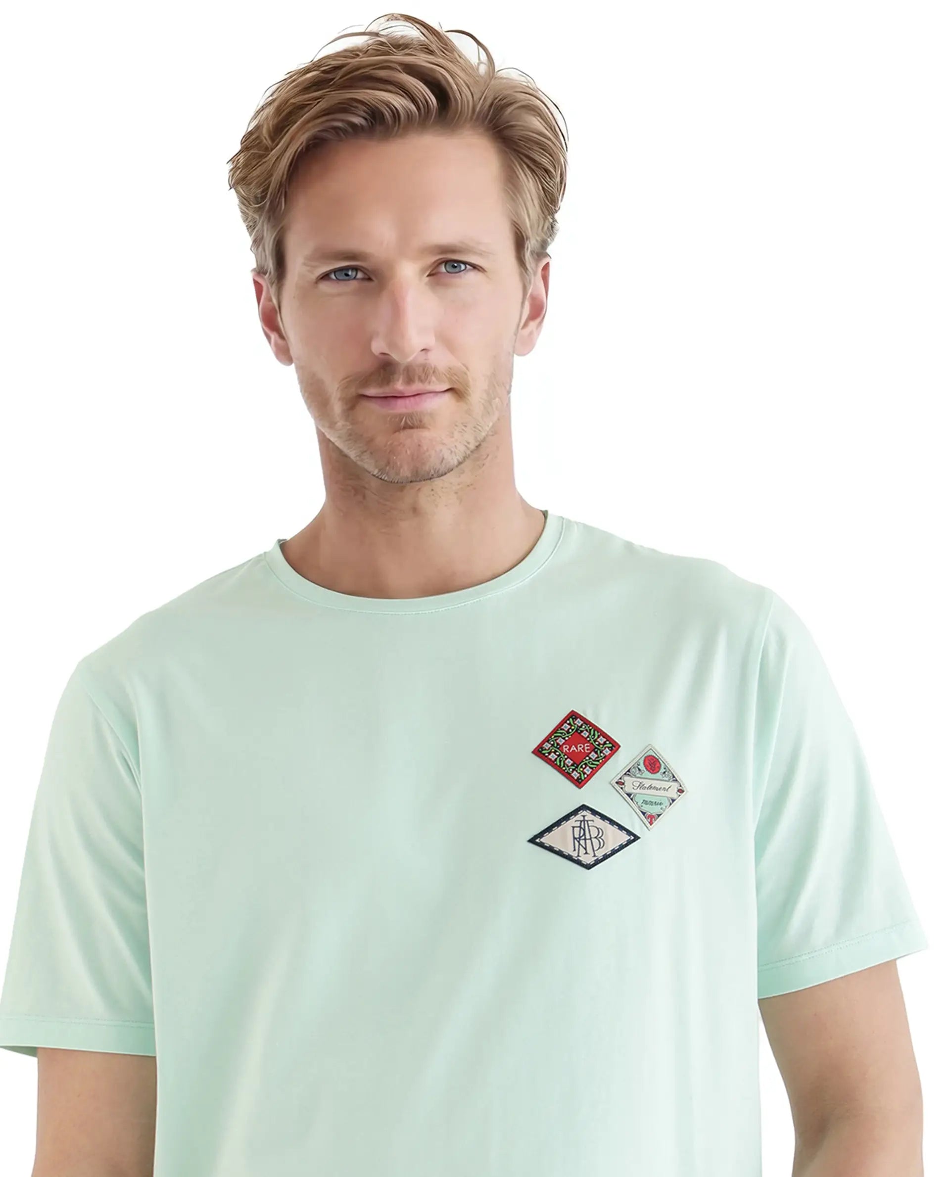 Rare Rabbit Men Dorl Light Blue Cotton Blend Fabric Short Sleeve Crew Neck HD Print Pocket Placement T-Shirt