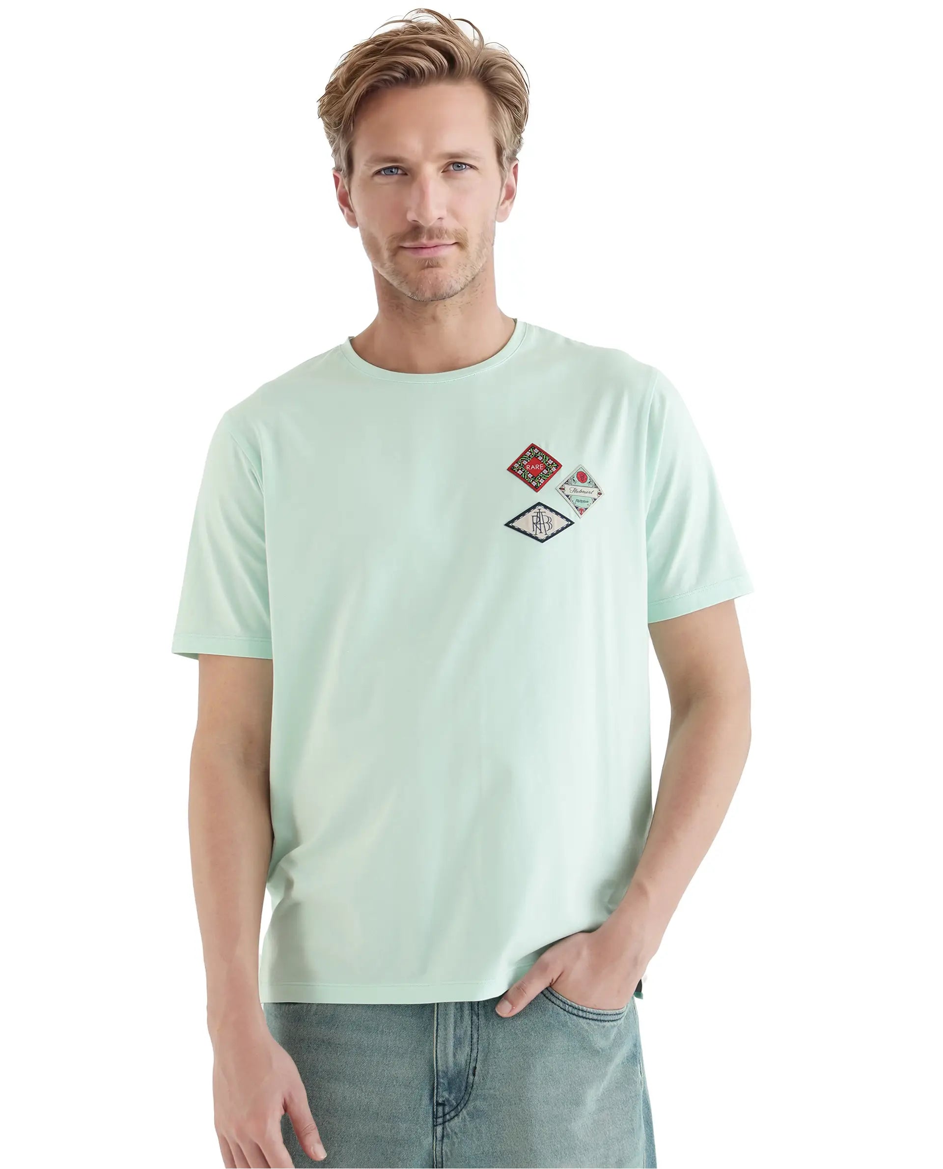 Rare Rabbit Men Dorl Light Blue Cotton Blend Fabric Short Sleeve Crew Neck HD Print Pocket Placement T-Shirt