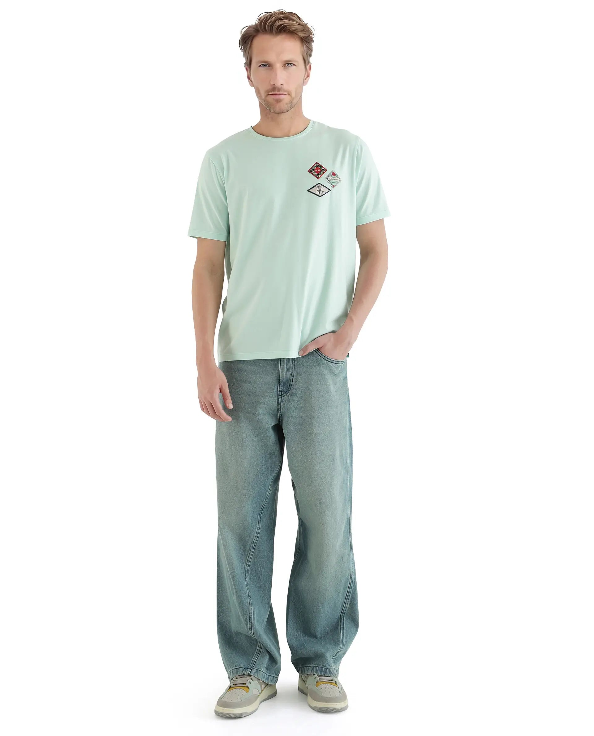 Rare Rabbit Men Dorl Light Blue Cotton Blend Fabric Short Sleeve Crew Neck HD Print Pocket Placement T-Shirt