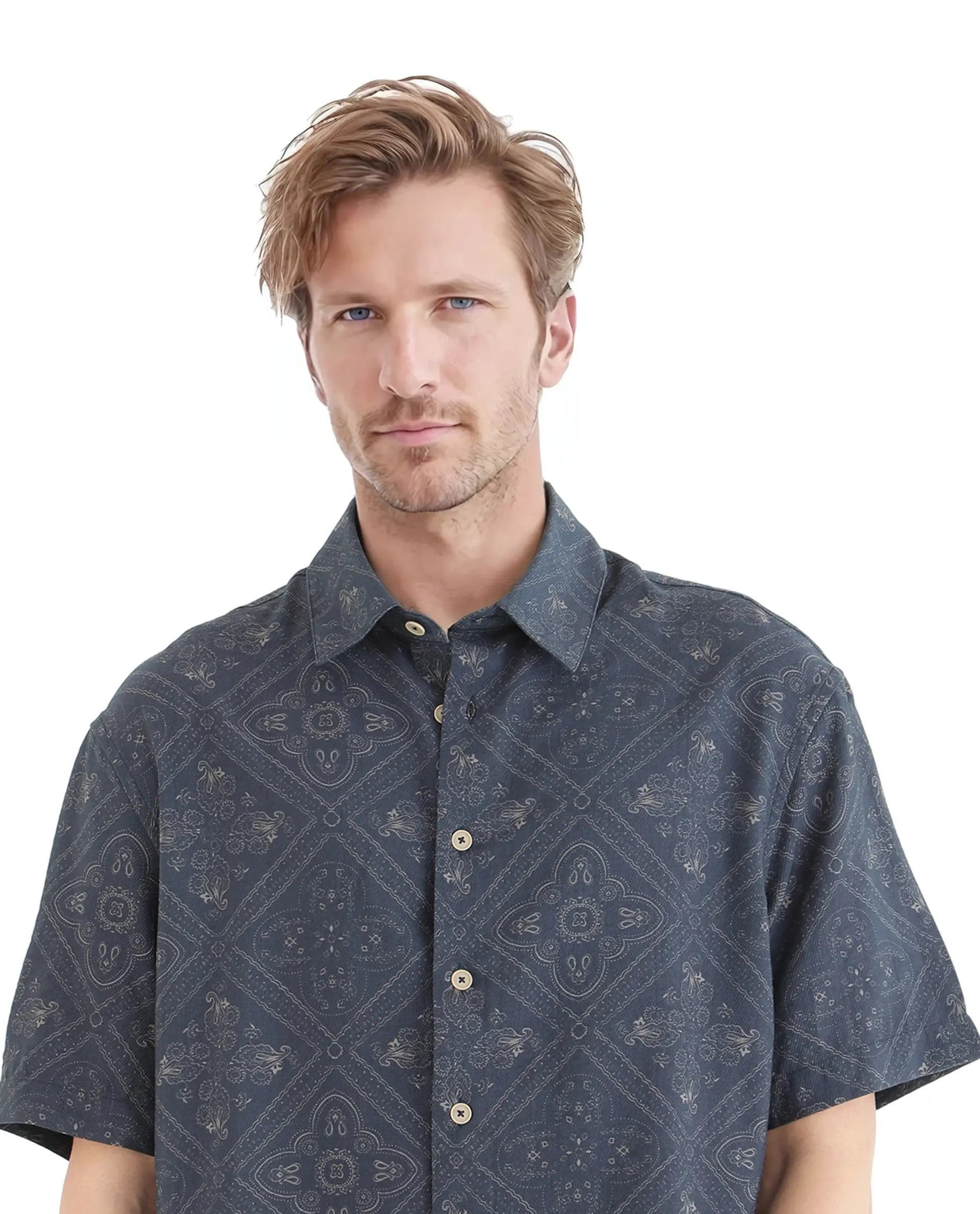 Rare Rabbit Men's Dorm Navy Cotton Fabric Short Sleeve Collared Neck Button Closure Printed Shirt