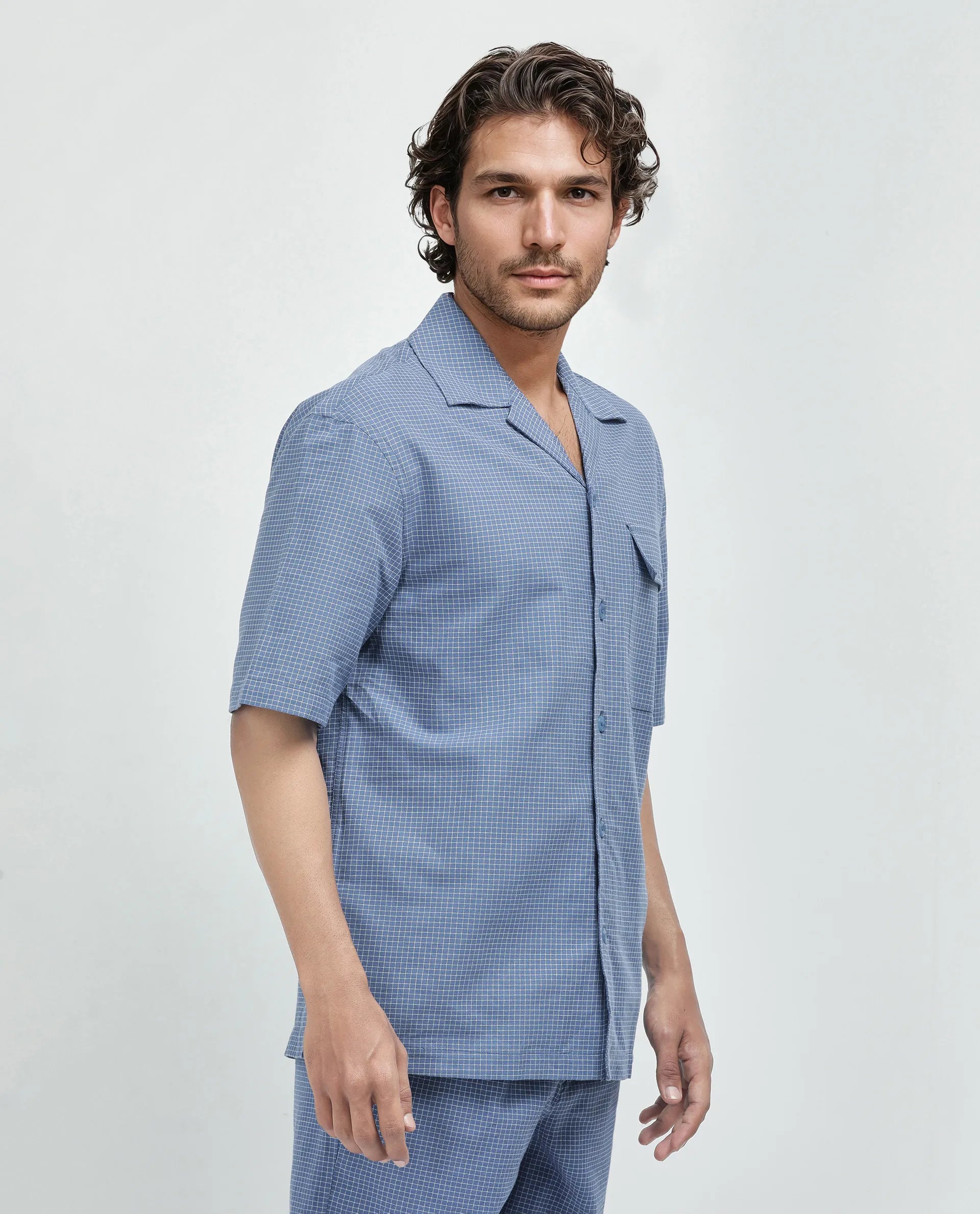 Rare Rabbit Men's Dorn-S Blue Cotton Fabric Half Sleeve Spread Collar Button Closure Regular Fit Checked Shirt