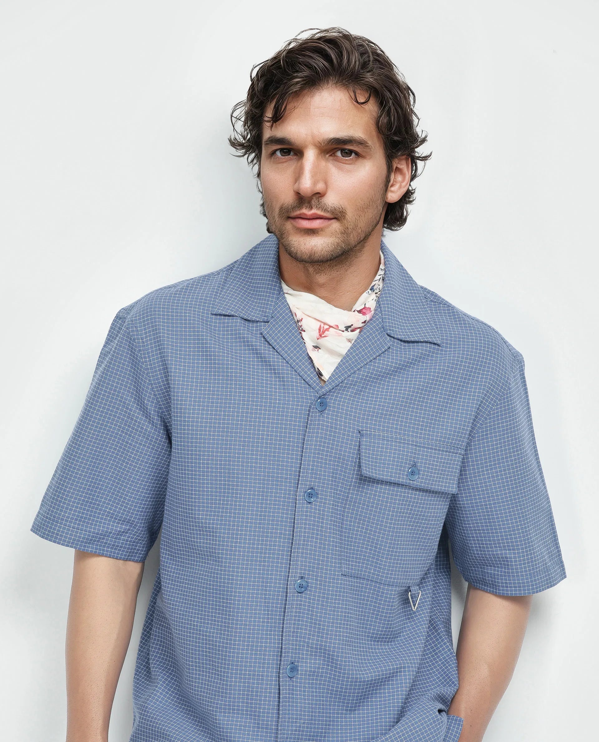 Rare Rabbit Men's Dorn-S Blue Cotton Fabric Half Sleeve Spread Collar Button Closure Regular Fit Checked Shirt